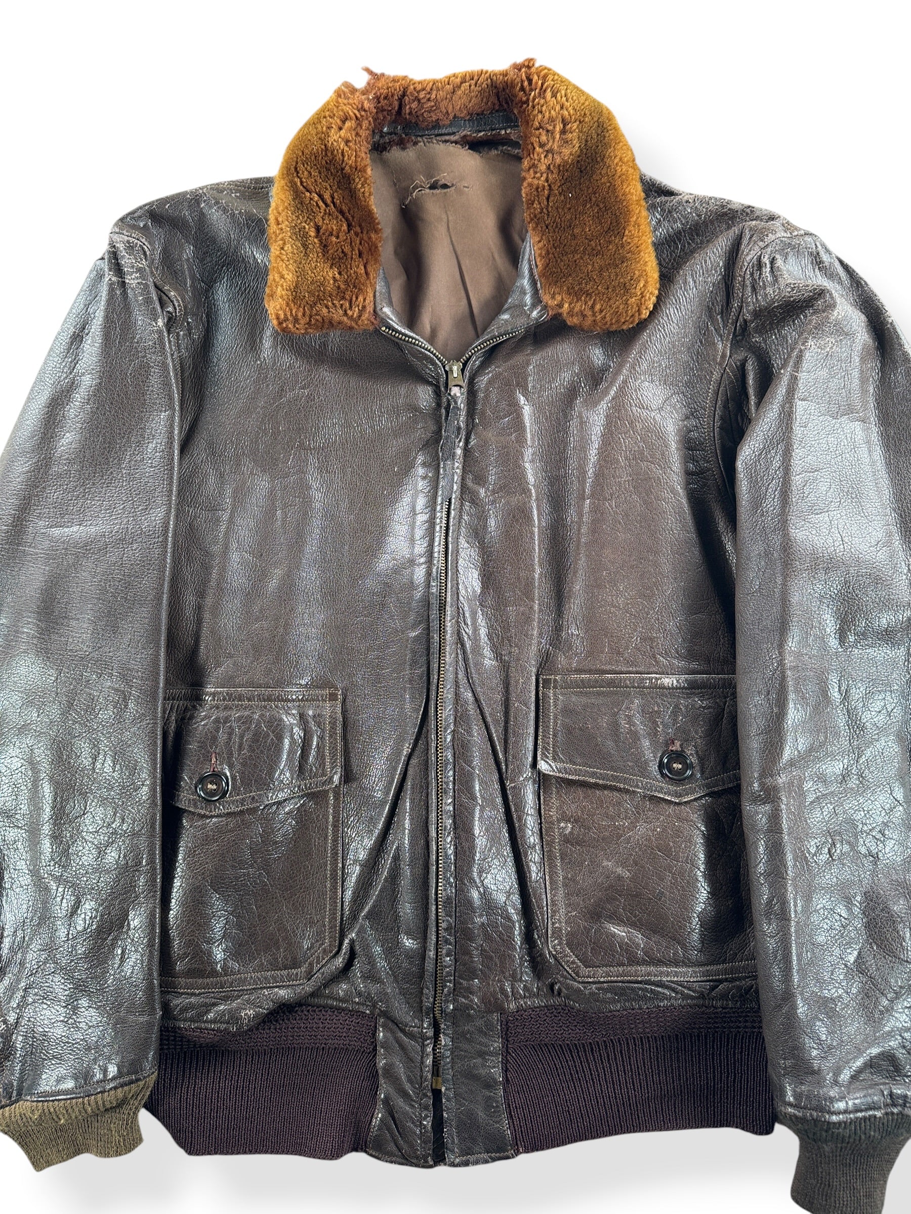 Front Close Up of Vintage Leather M422 Flight Jacket SZ L AS IS