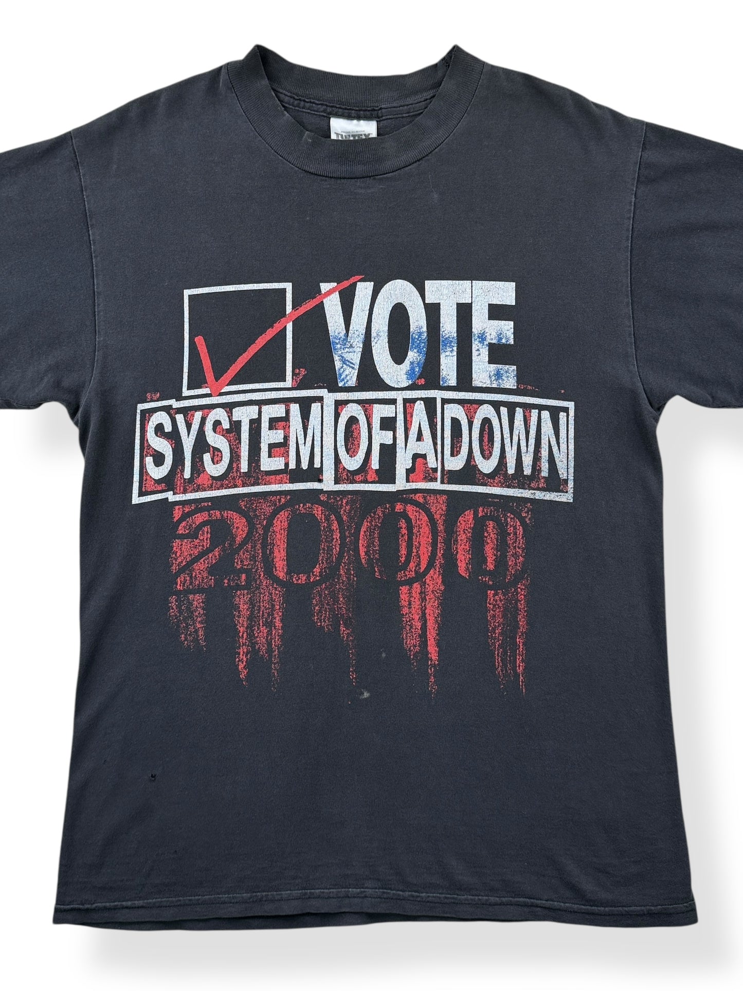 Front Close Up of Vintage 2000 System of a Down Vote Tee SZ M