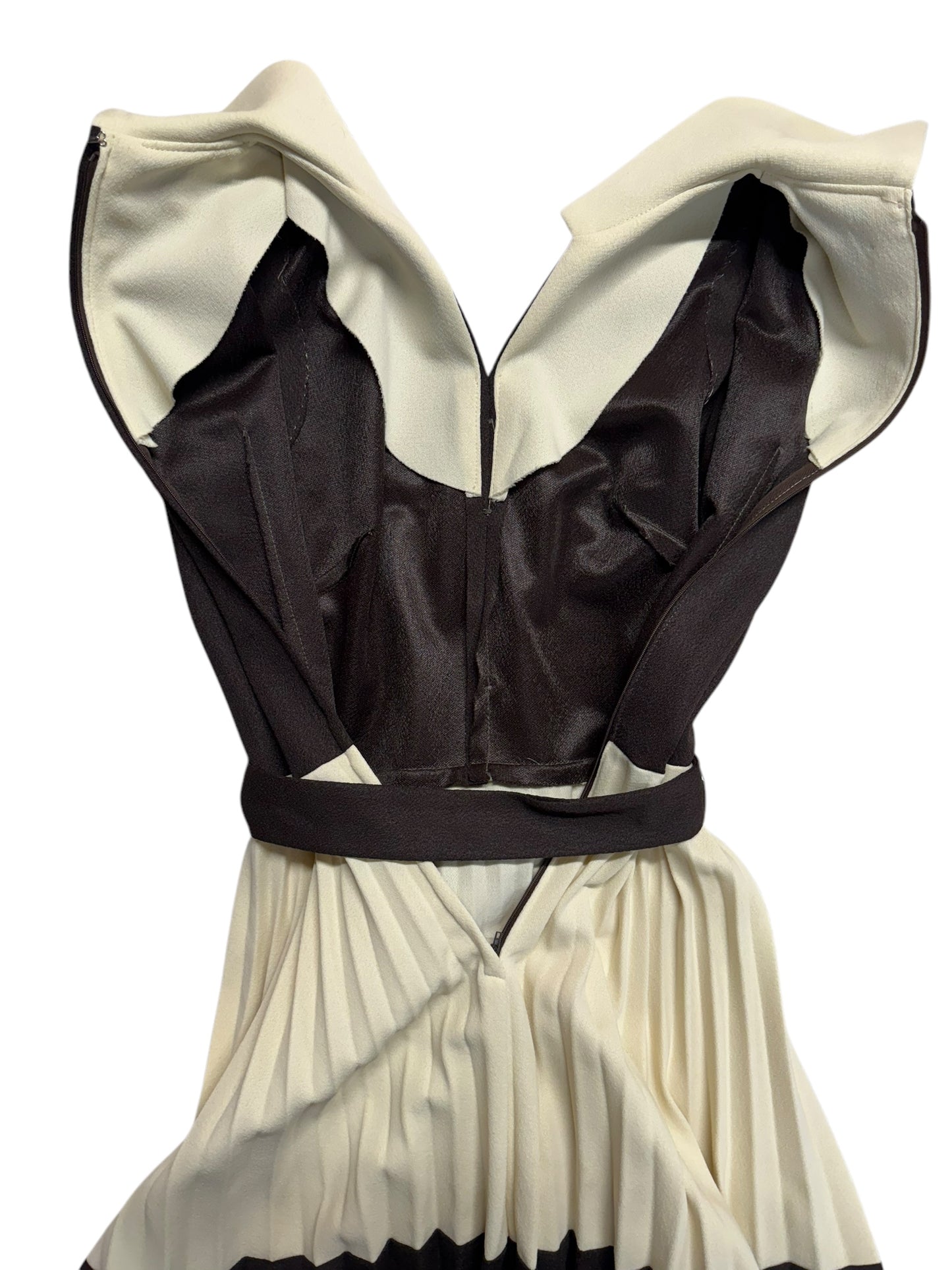 1960s Brown/Cream Pleated Dress M