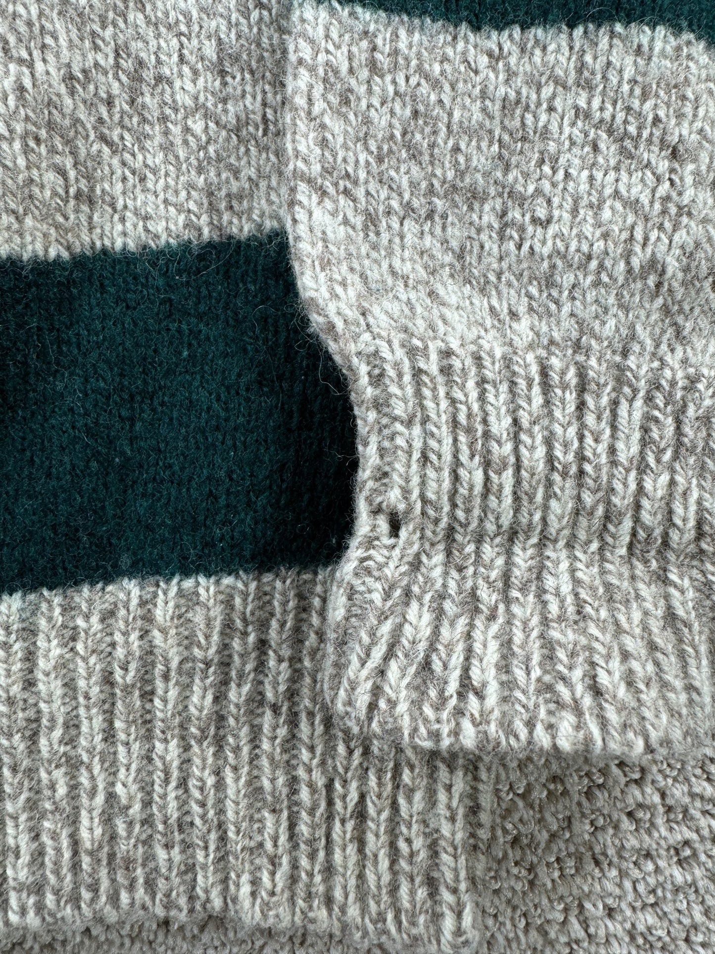 Hole on Cuff of Vintage LL Bean Green Striped Ragg Wool Blend Sweater SZ L