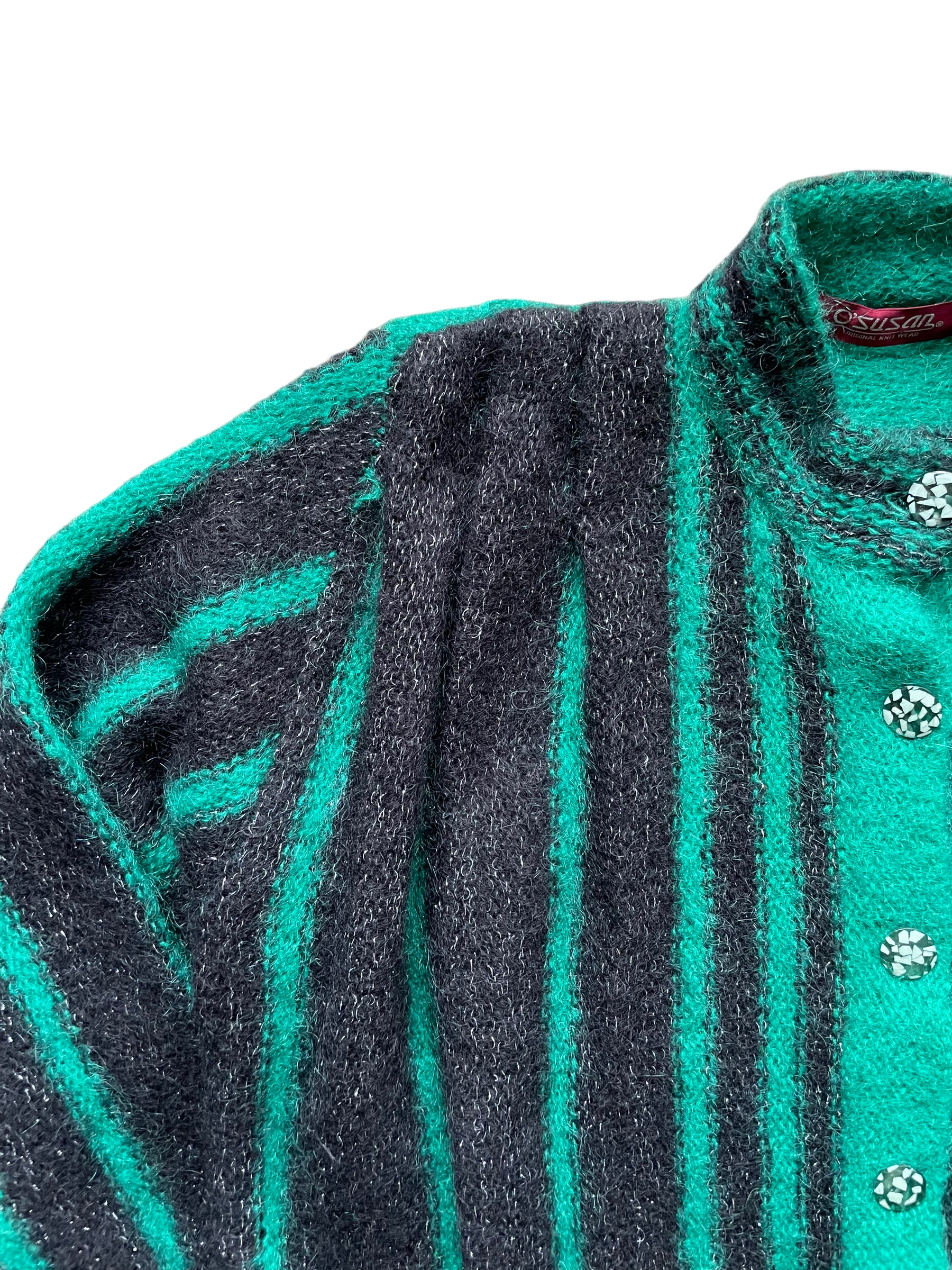 Front right shoulder view of Vintage 80s Green and Black Sparkly Cardigan SZ L | Seattle True Vintage | Barn Owl Vintage Womens Clothing