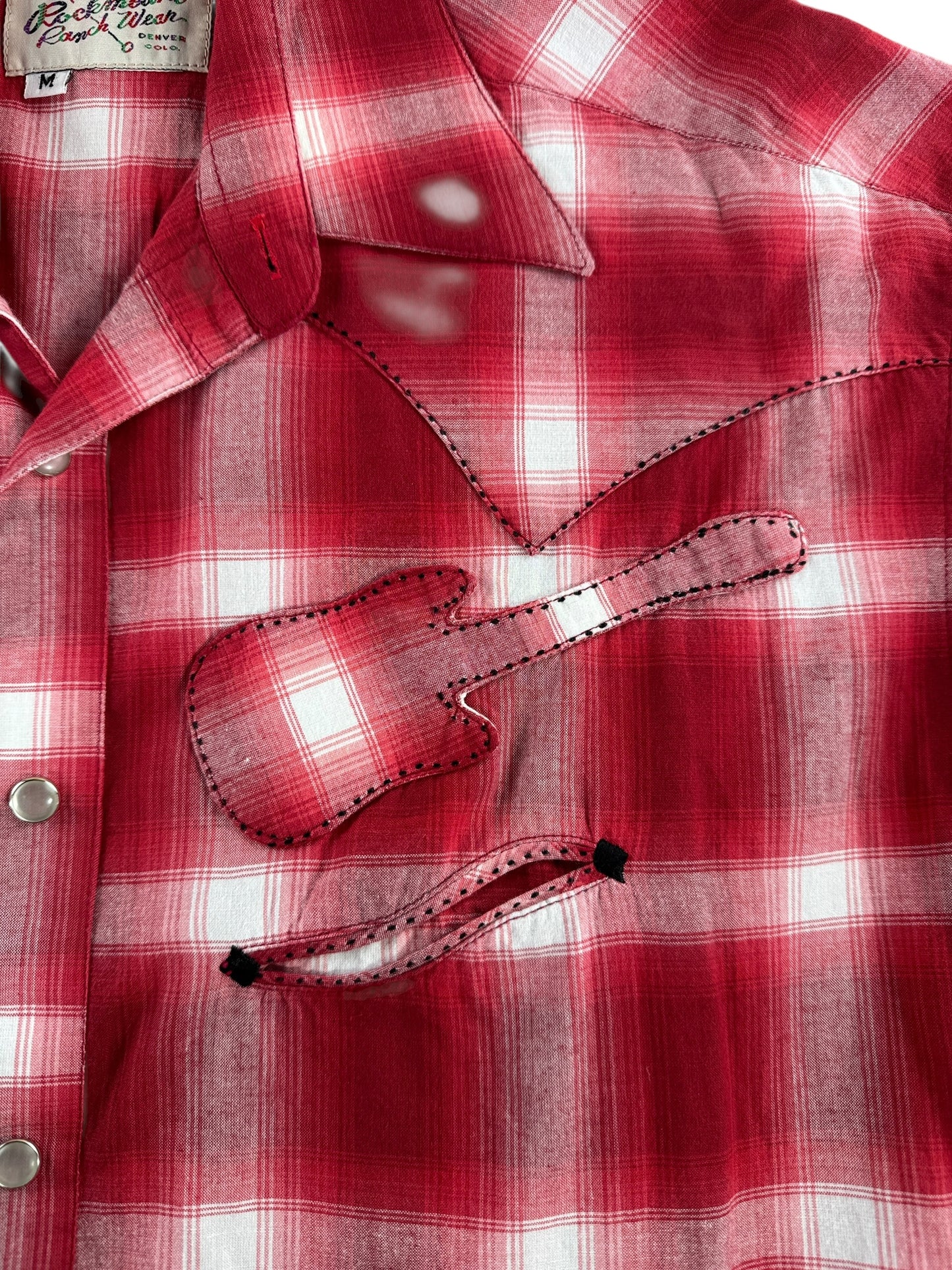 Guitar Patch on Vintage Rockmount Western Wear Red Shadow Plaid Guitar Pearl Snap SZ M