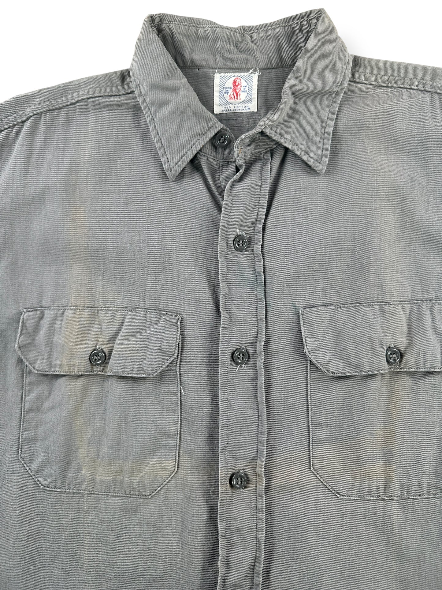 Staining on Vintage Stevens Twist Twill Grey Work Shirt SZ L AS IS