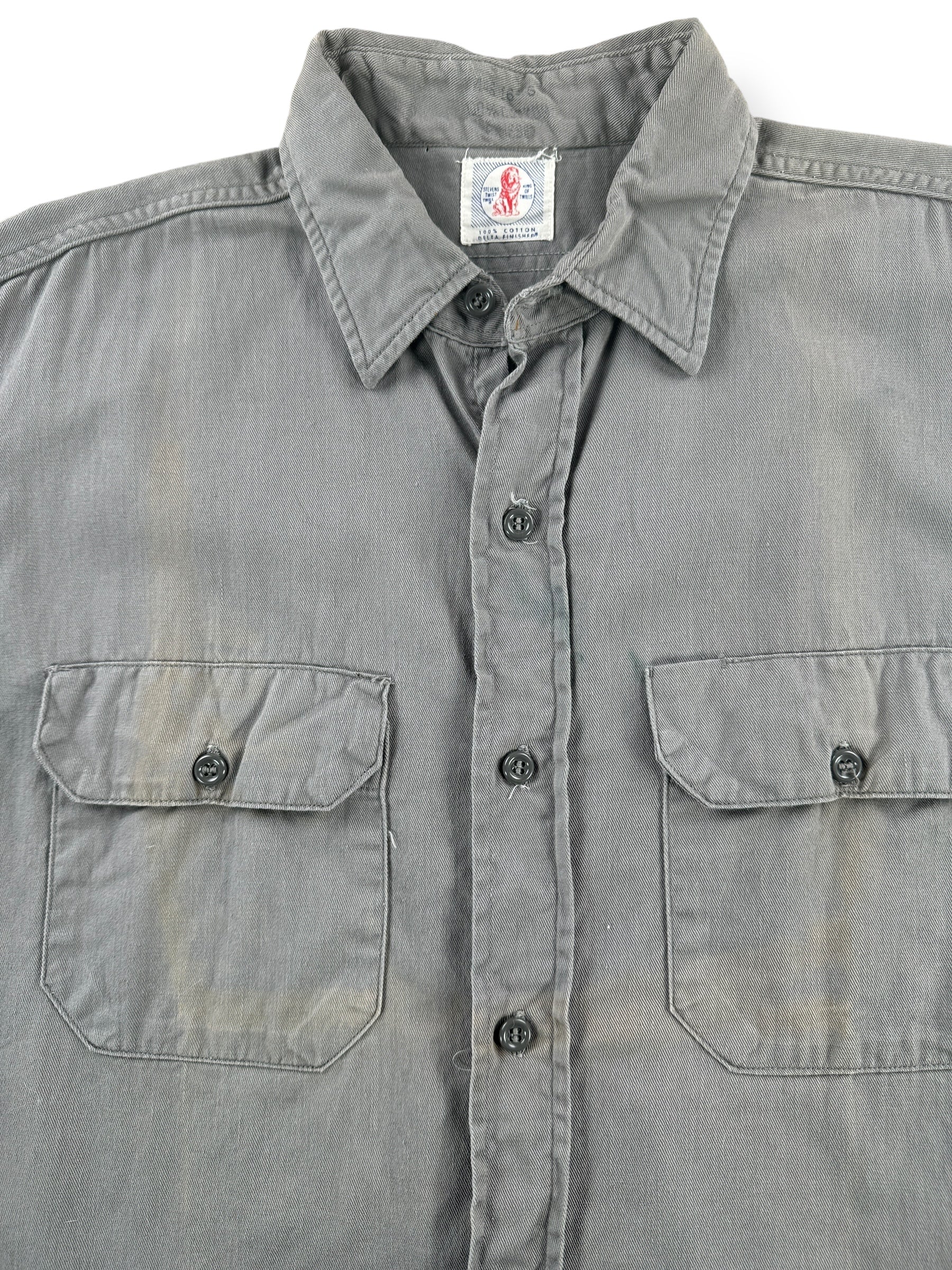 Staining on Vintage Stevens Twist Twill Grey Work Shirt SZ L AS IS