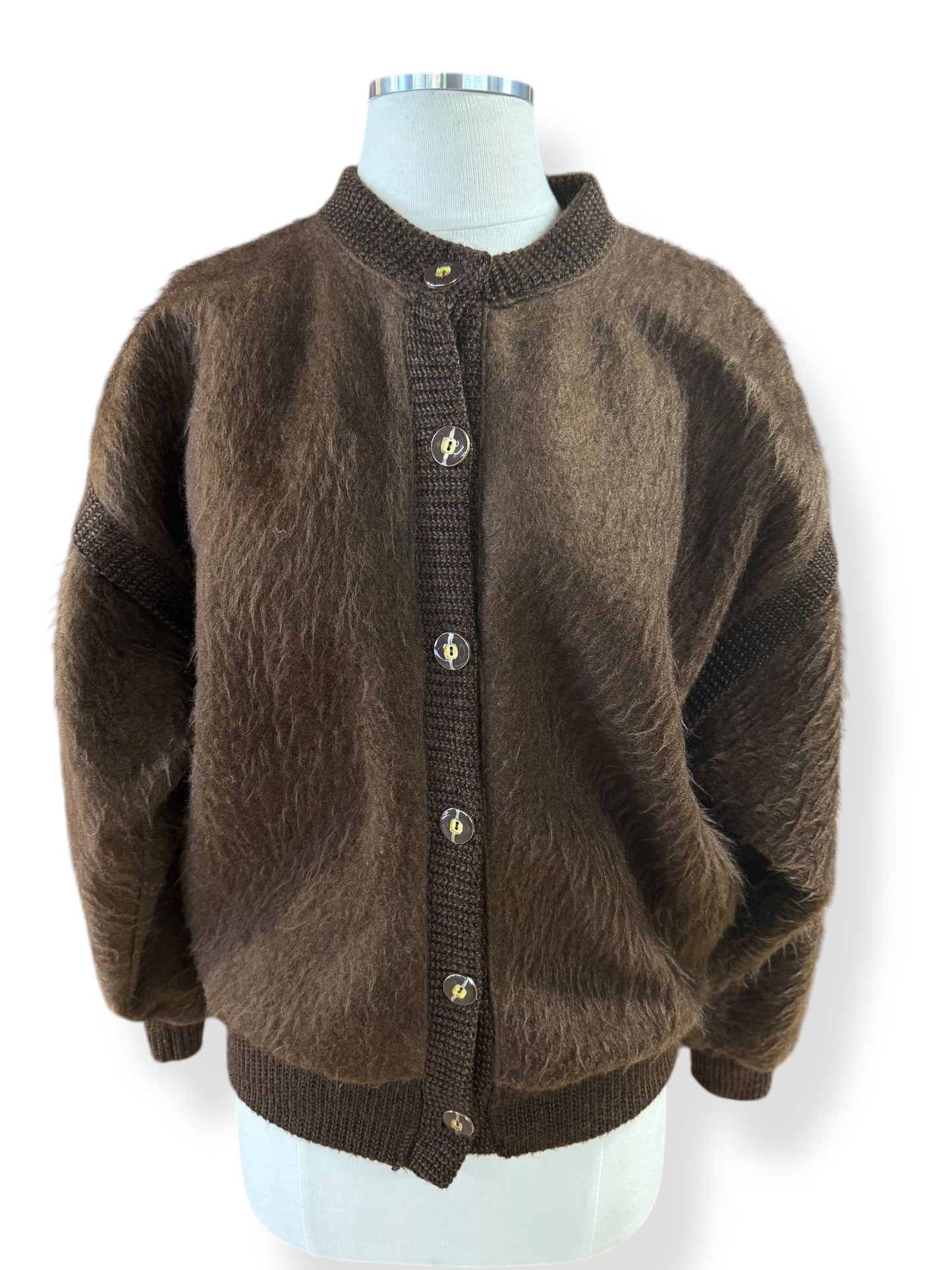 Front view of 1980s Brown Acrylic Mohair Cardigan L
