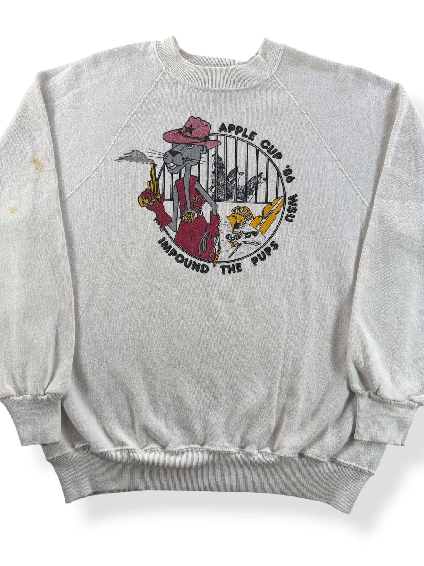 Front Close Up of Vintage Apple Cup Impound The Pups Crewneck SZ XL (Fits M)