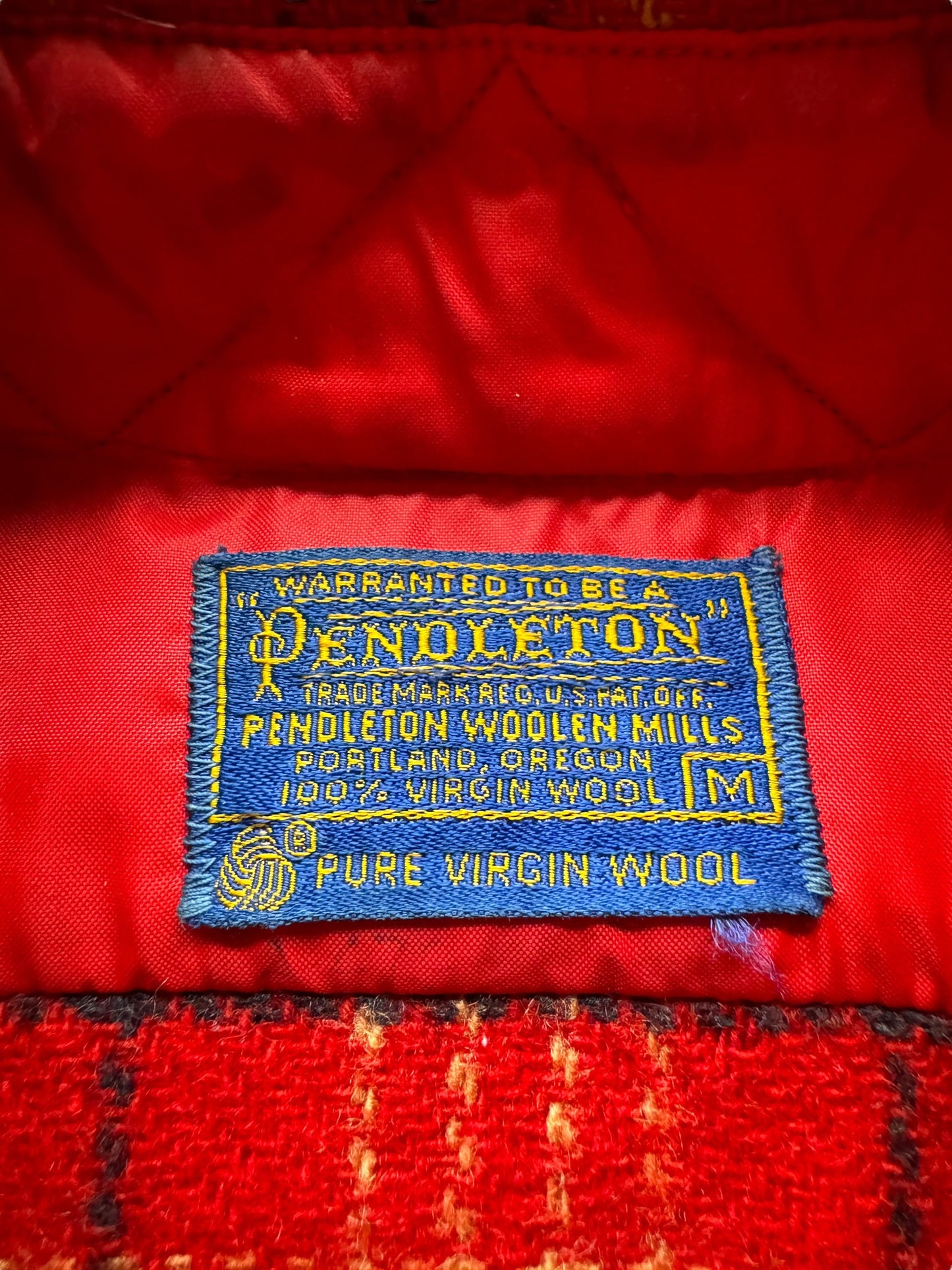 Tag on Vintage Pendleton Red and Yellow Heavy Wool Flannel SZ M