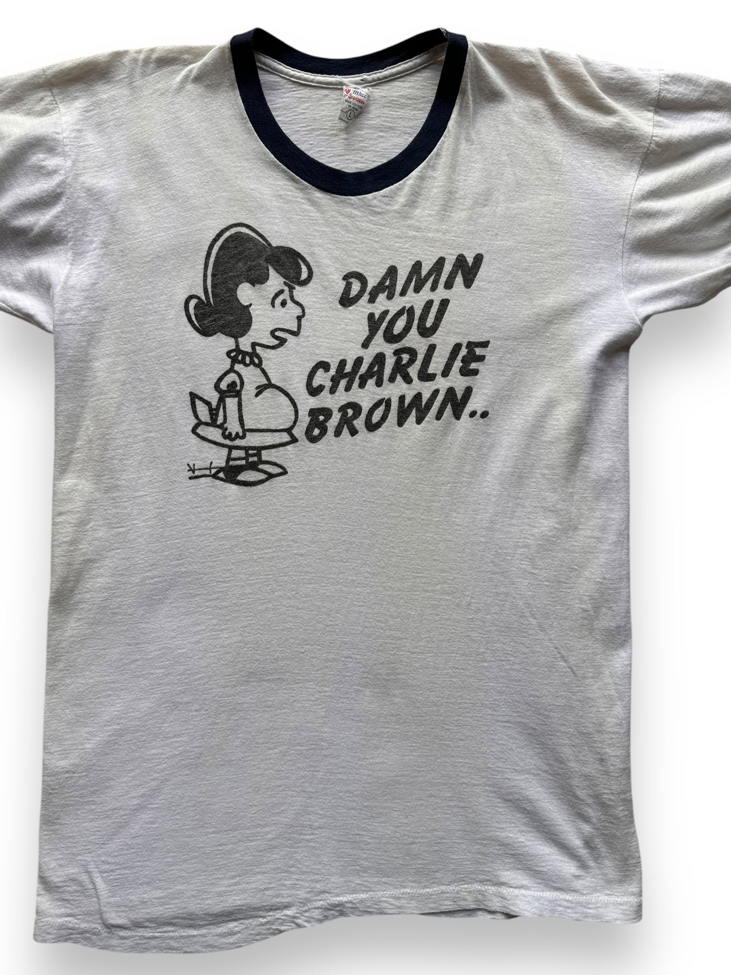 front close up of Vintage Charlie Brown Ringer Tee SZ M