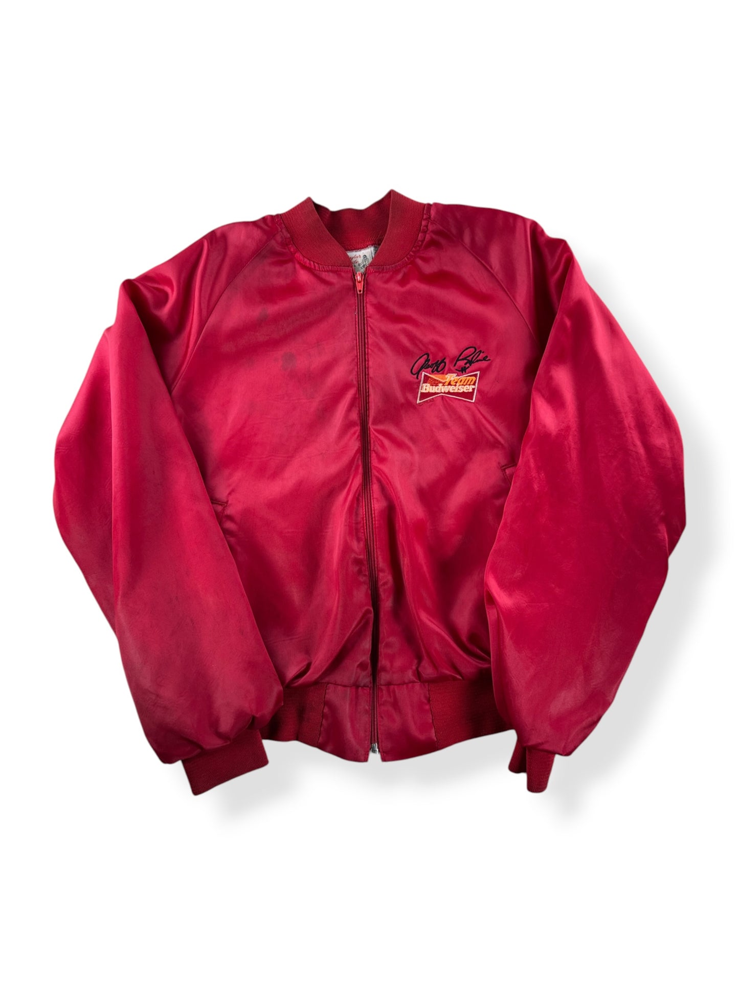 Front of Vintage Geoff Bodine Team Budweiser Nylon Jacket SZ S - AS IS