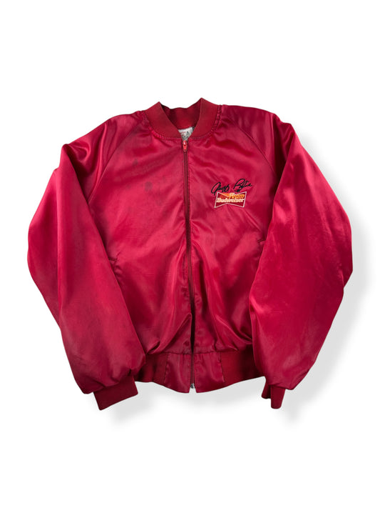 Front of Vintage Geoff Bodine Team Budweiser Nylon Jacket SZ S - AS IS