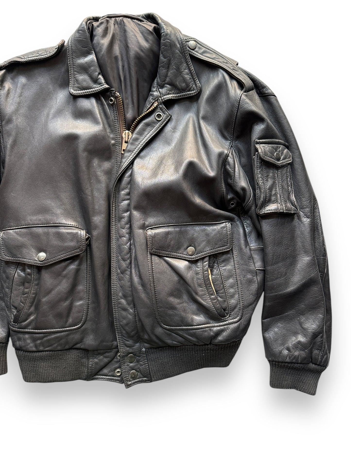 Front Left View of Vintage Unbranded A-2 Style Leather Jacket SZ M