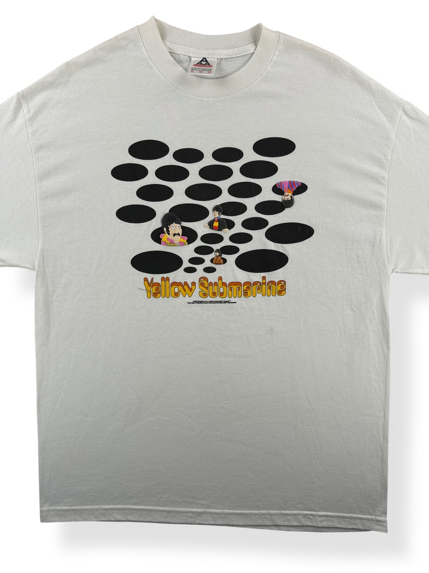 Front Close Up of Vintage 90s Beatles Yellow Submarine 3D Tee SZ XL
