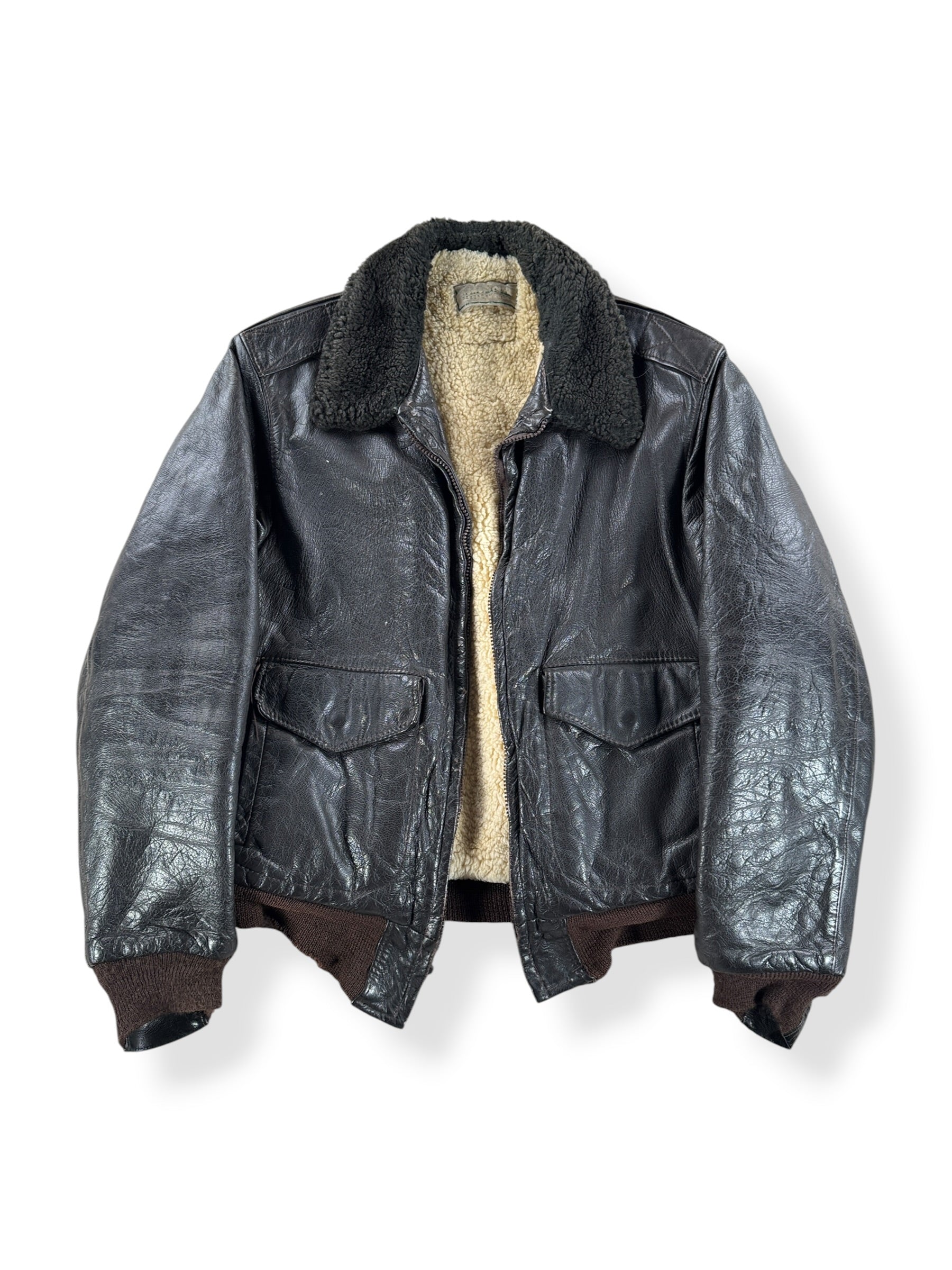 Front Close Up of Vintage LL Bean Leather Bomber Jacket SZ L - AS IS