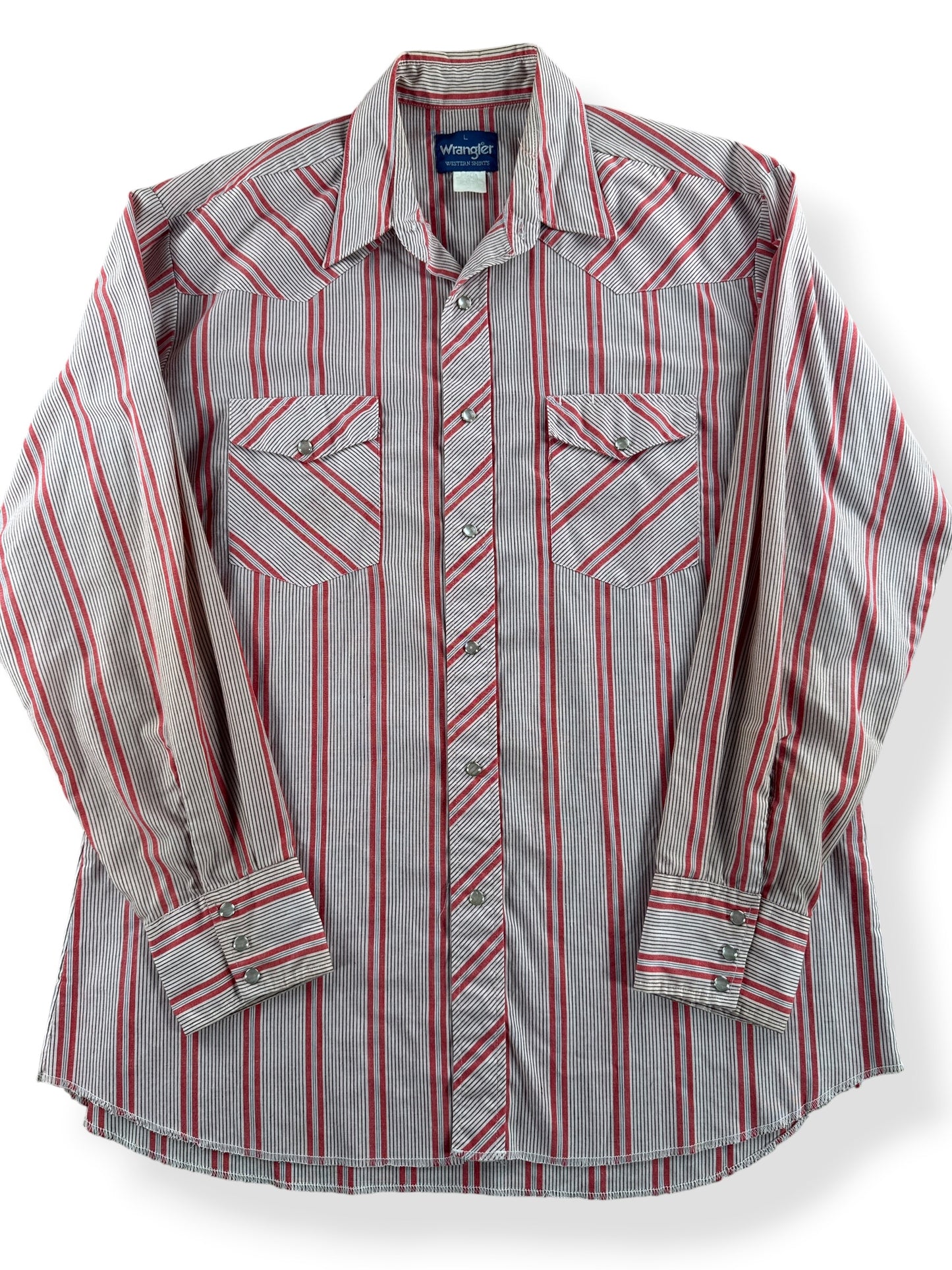 Close-up of Vintage Wrangler Red Striped Pearlsnap SZ L - AS IS