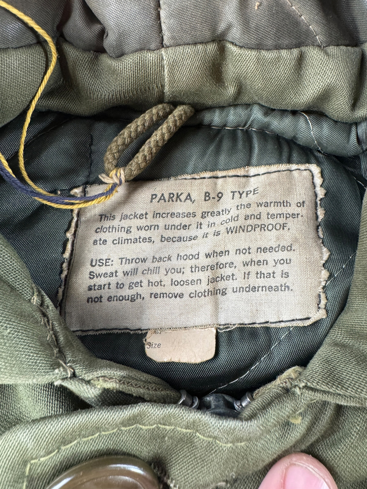 Label on Vintage B-9 Civilian Parka SZ 42