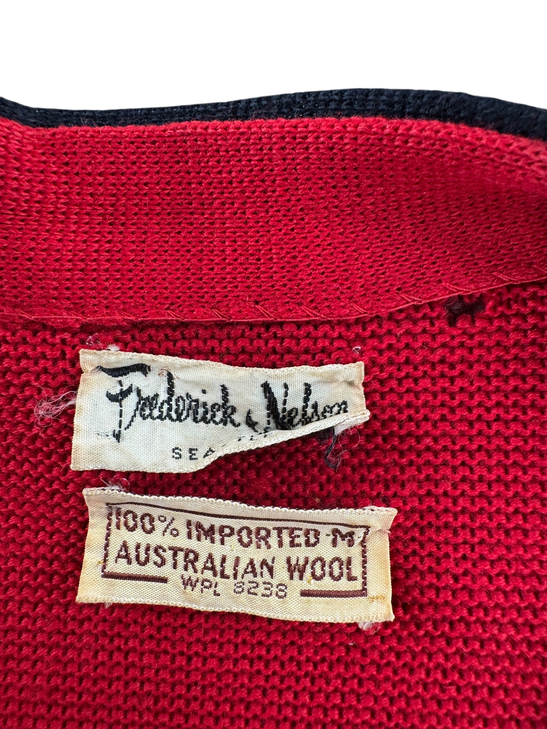 Tag on Vintage Frederick & Nelson Australian Wool Cardigan SZ S