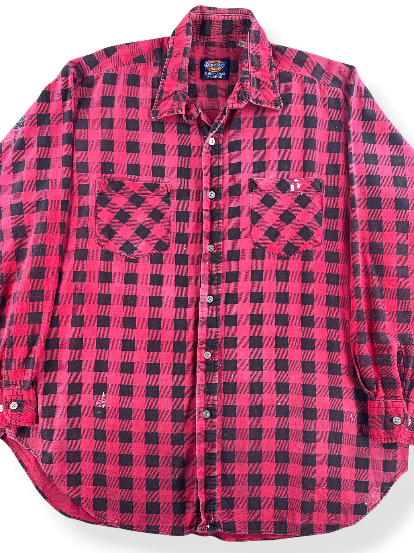 Front Close Up of Vintage Dickies Red Printed Cotton Flannel SZ XL - AS IS
