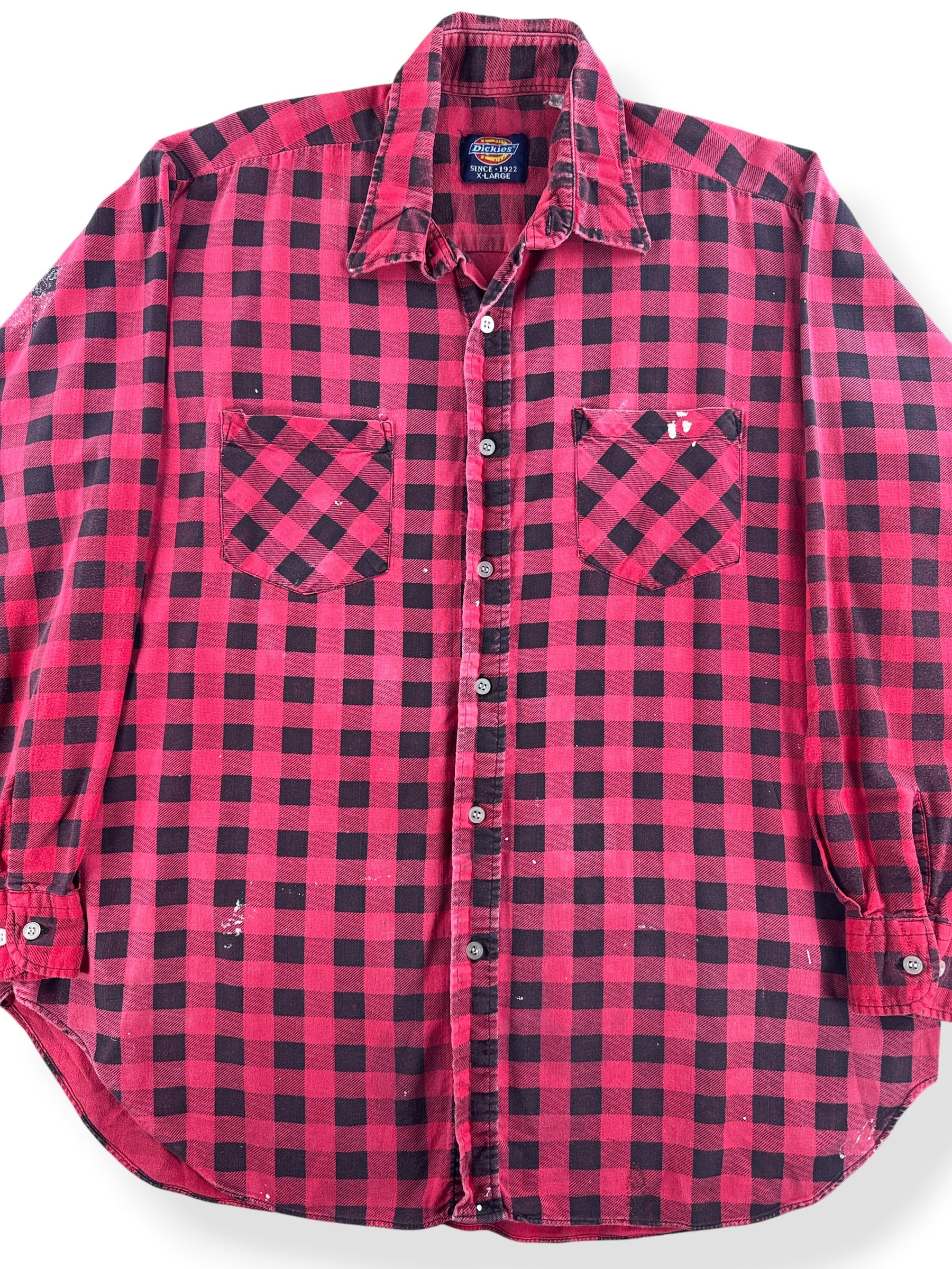 Front Close Up of Vintage Dickies Red Printed Cotton Flannel SZ XL - AS IS