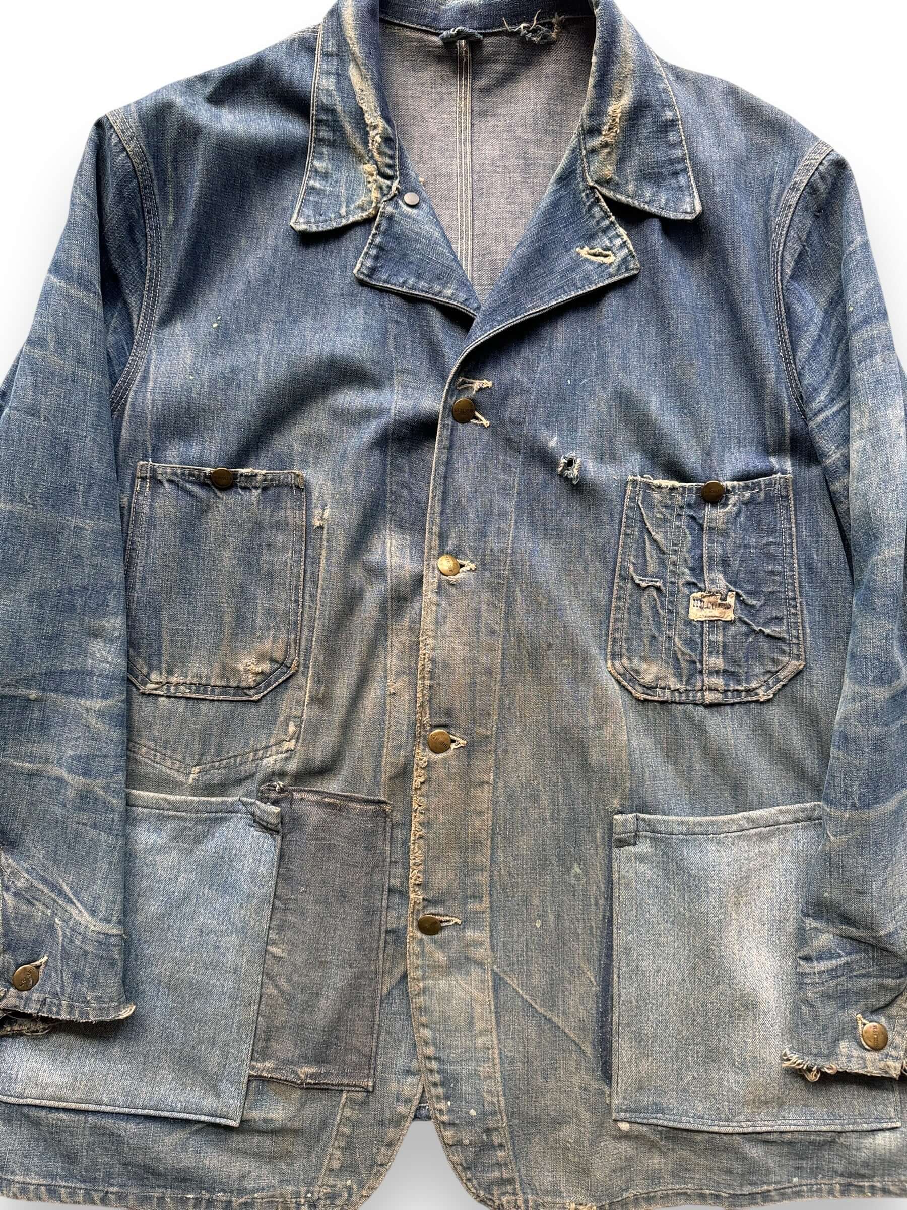 front close up of Vintage Hercules Denim Chore Coat w/ Added Pockets SZ XL