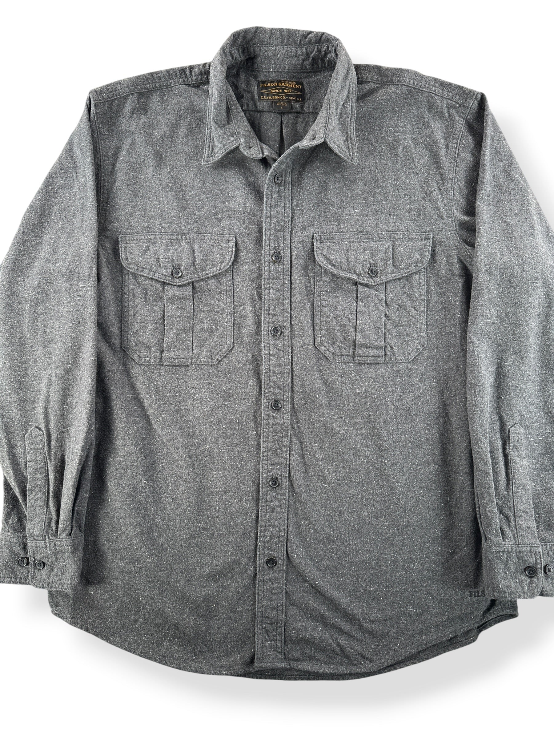 Front Close Up of Filson Dark Heather Grey Alaska Guide Shirt SZ L