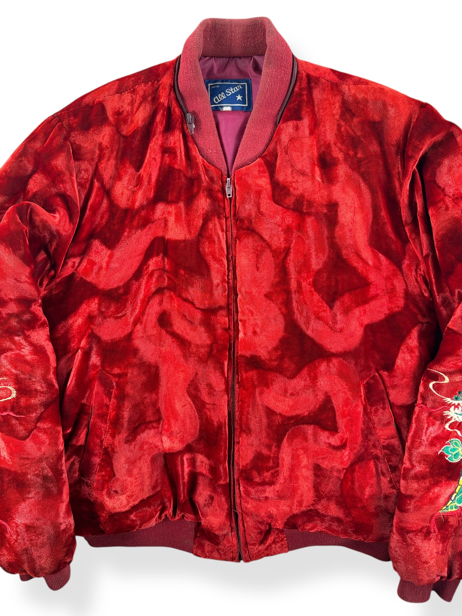 Front Close Up of Vintage 80s Era Velvet Korea Souvenir Bomber Jacket SZ L