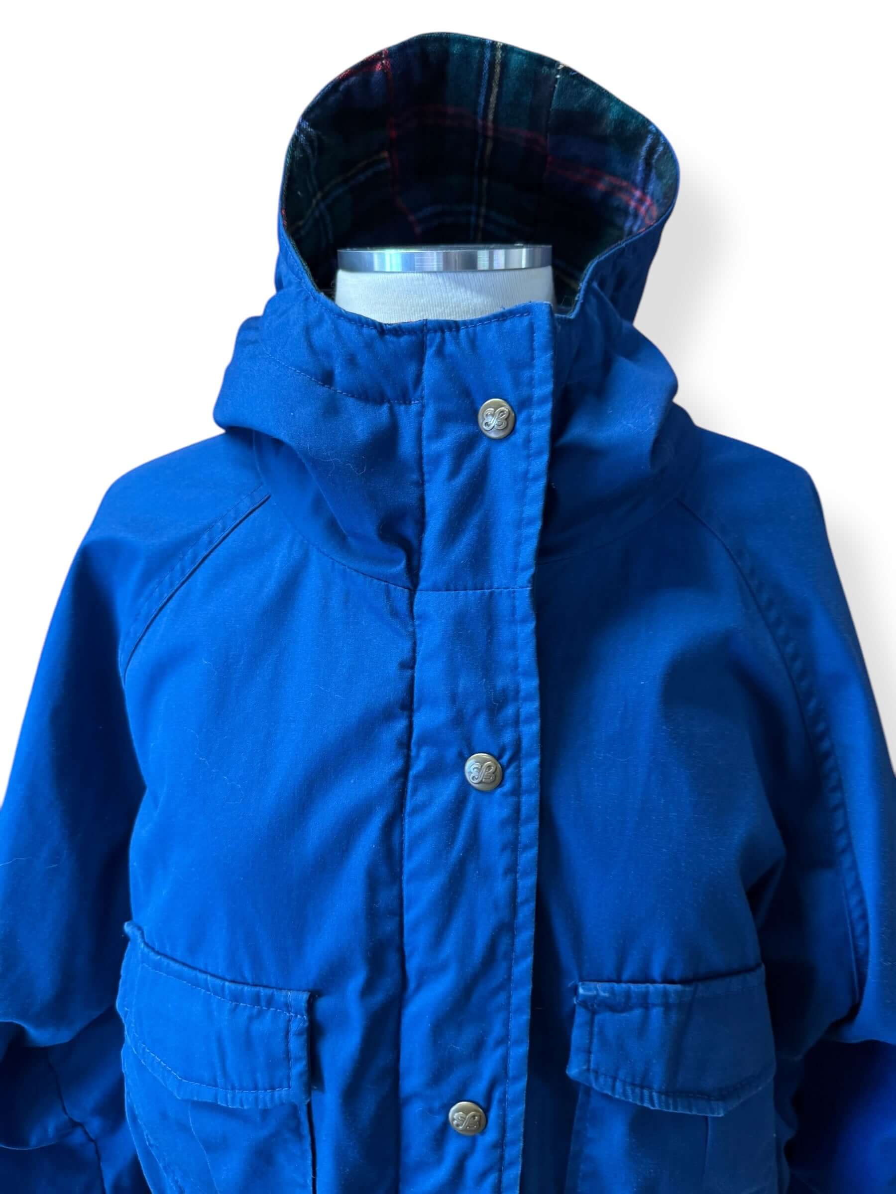 Front view of 1980s Eddie Bauer Blue Hooded Parka M