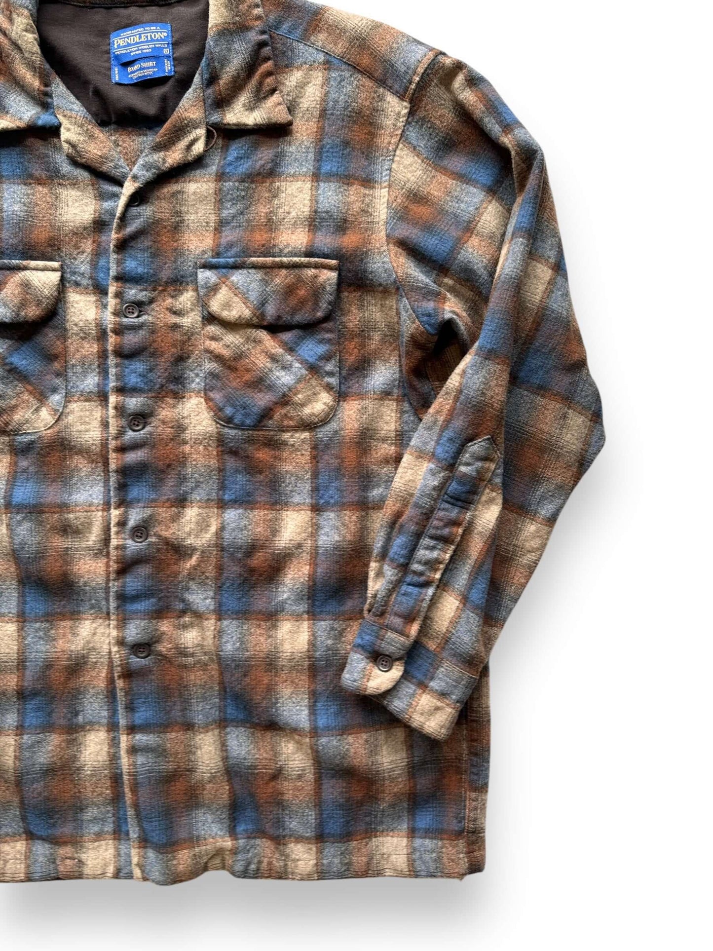 front left of Vintage Pendleton Brown/Blue Wool Board Shirt SZ L