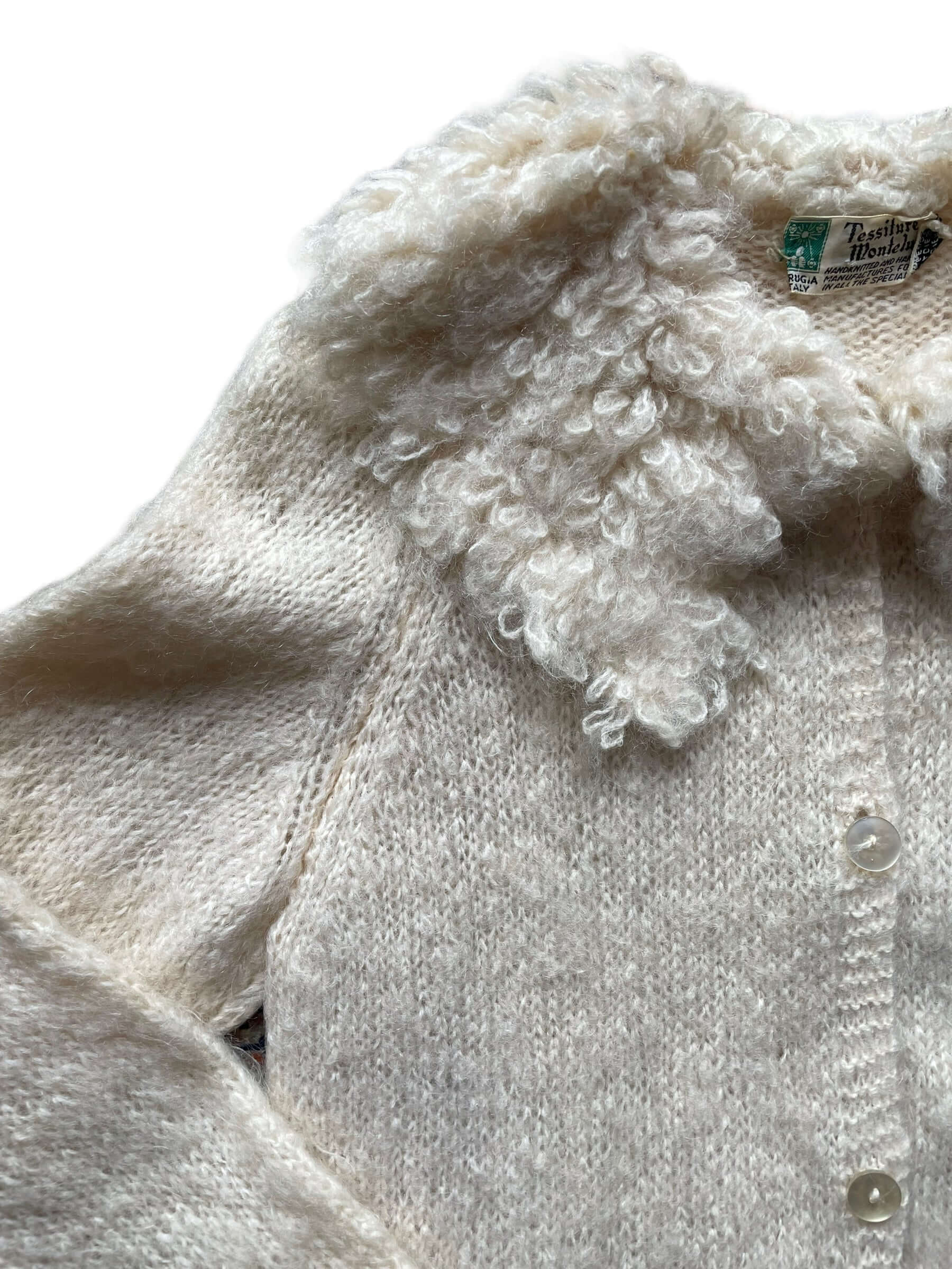 Front right collar view of Vintage 1950s Italian Mohair Cardigan | Vintage Ladies Sweaters | Barn Owl True Vintage