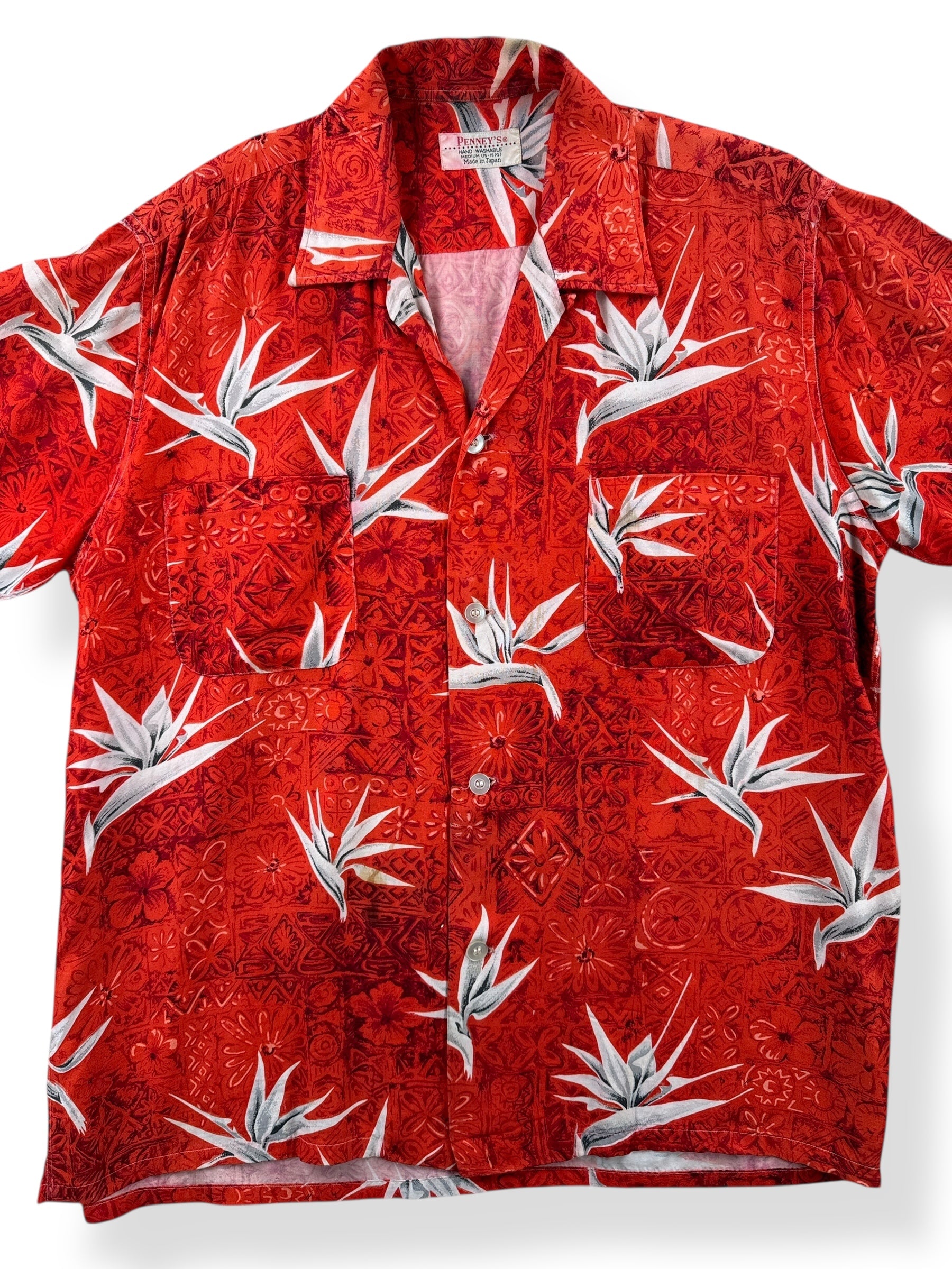 Front Close Up of Vintage Penney's Bird of Paradise Rayon Aloha Shirt SZ M