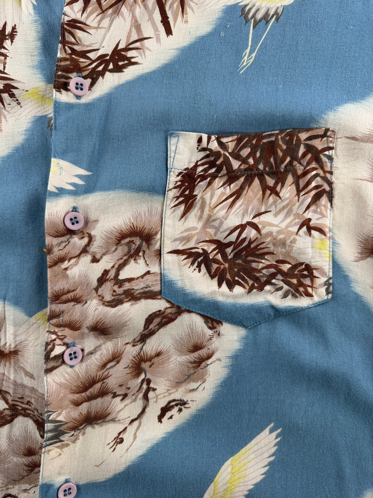 Pattern on front of Vintage 70s Rayon Crane Print Aloha Shirt SZ S