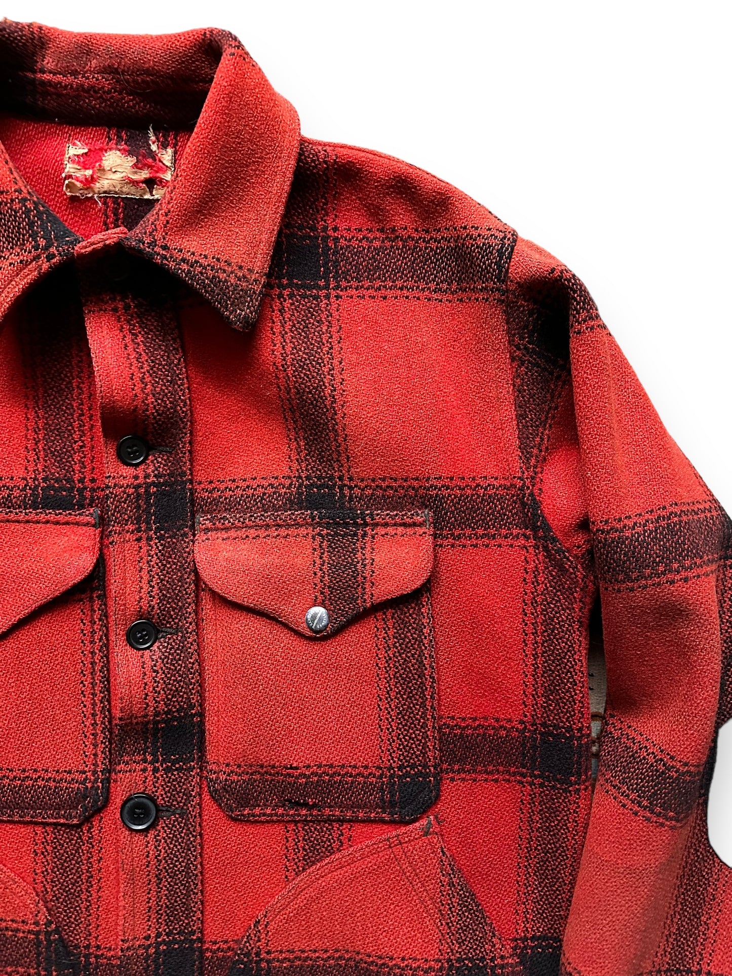 Upper Left Front Shoulder View of Vintage 75% Red Filson Hunter Wool Jacket SZ 44 | Vintage Filson Workwear Seattle | Vintage Workwear Seattle