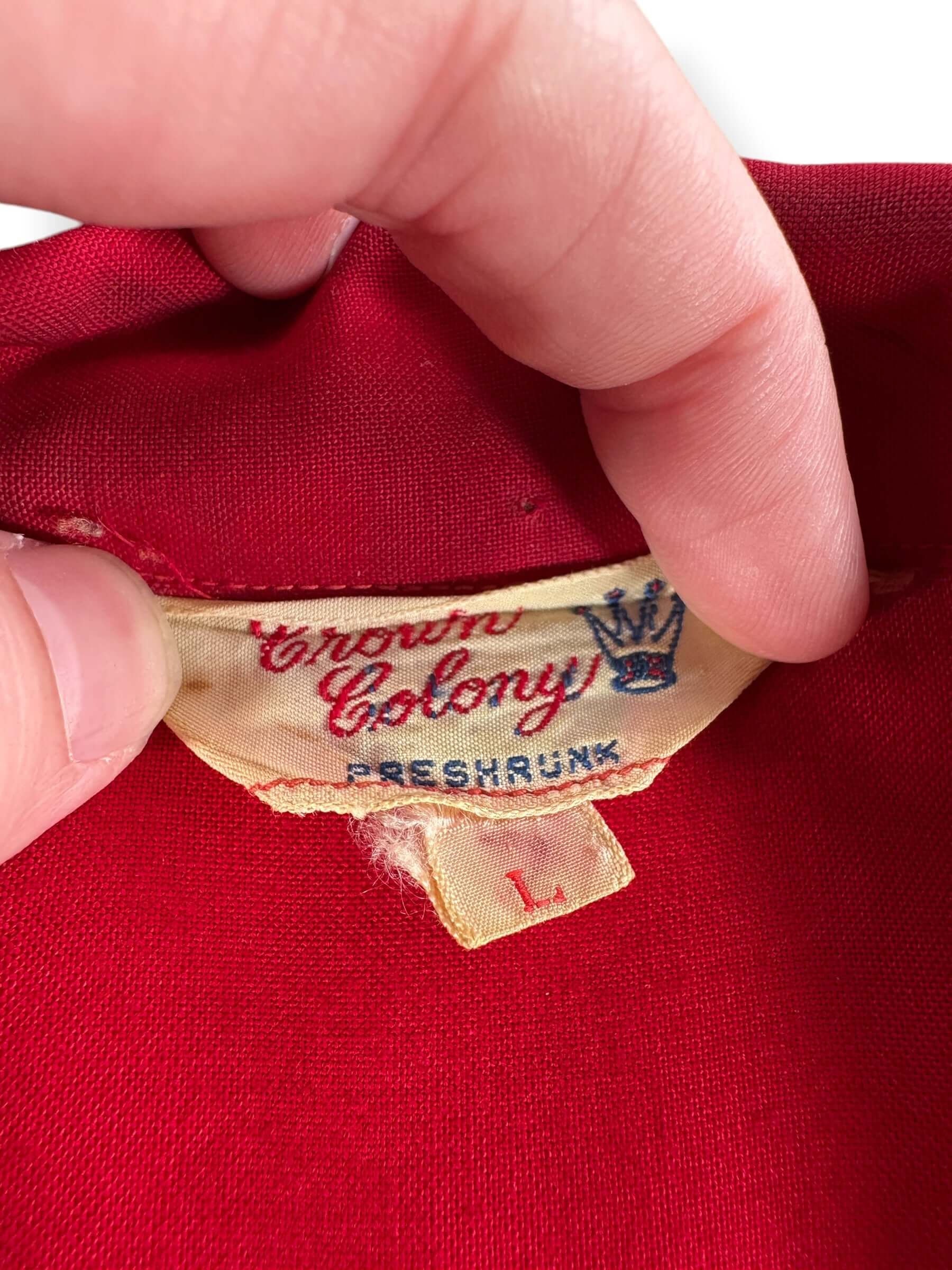 Label on Vintage 50s Crown Colony Mike's Stella Tavern Bowling Shirt SZ L
