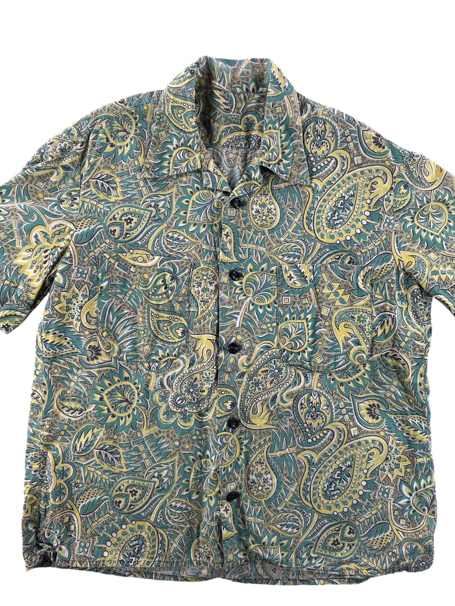Front Close Up of Vintage Green Cotton Aloha Shirt SZ M