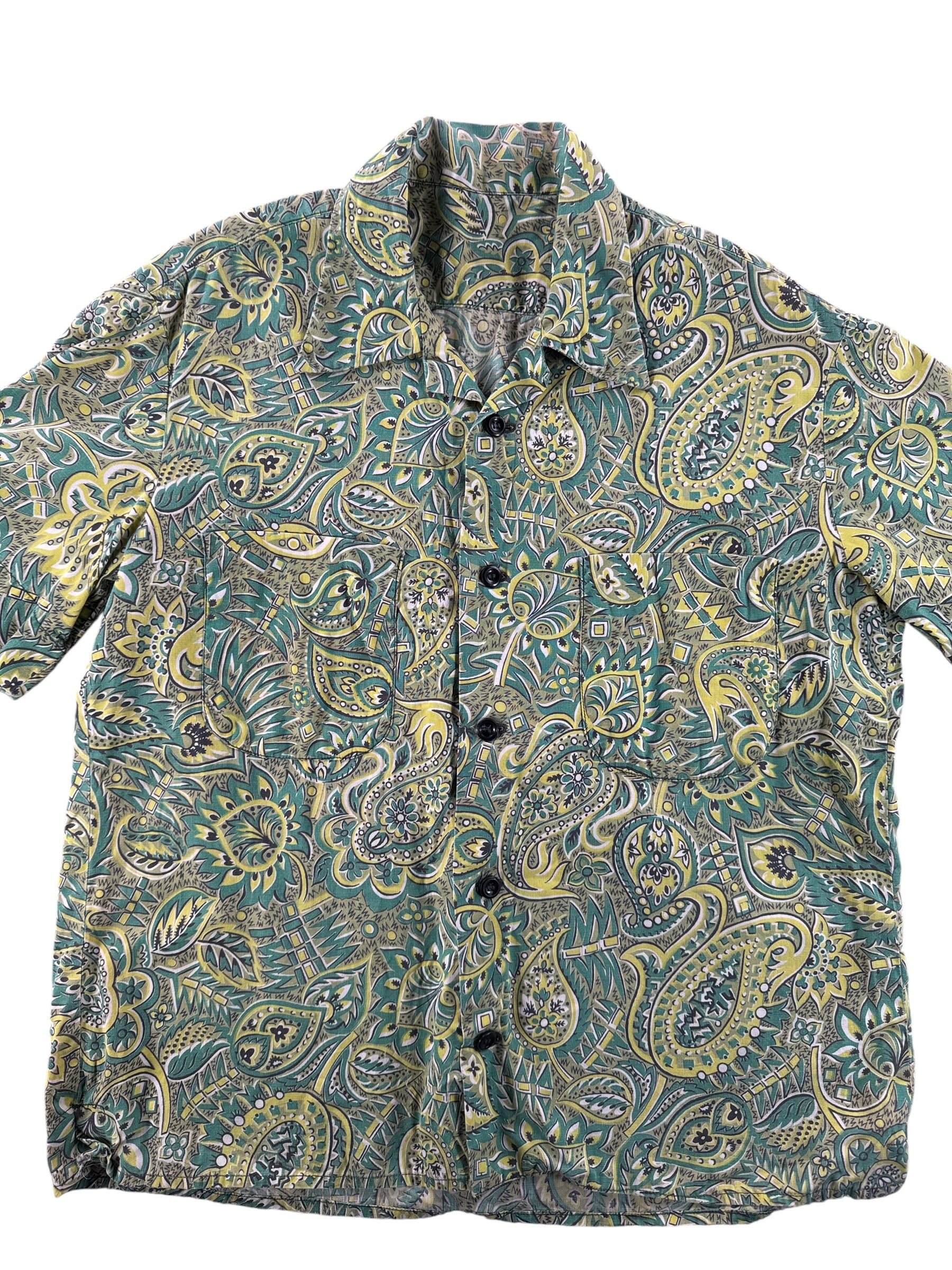 Front Close Up of Vintage Green Cotton Aloha Shirt SZ M