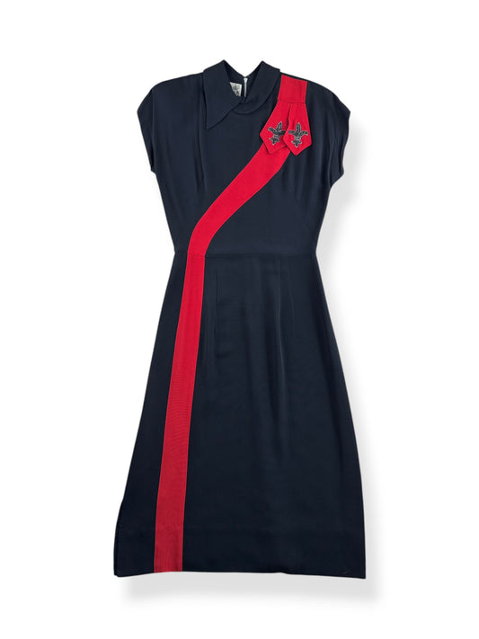Front of Vintage 40s Rayon Beaded Fluer De Lis Dress SZ S