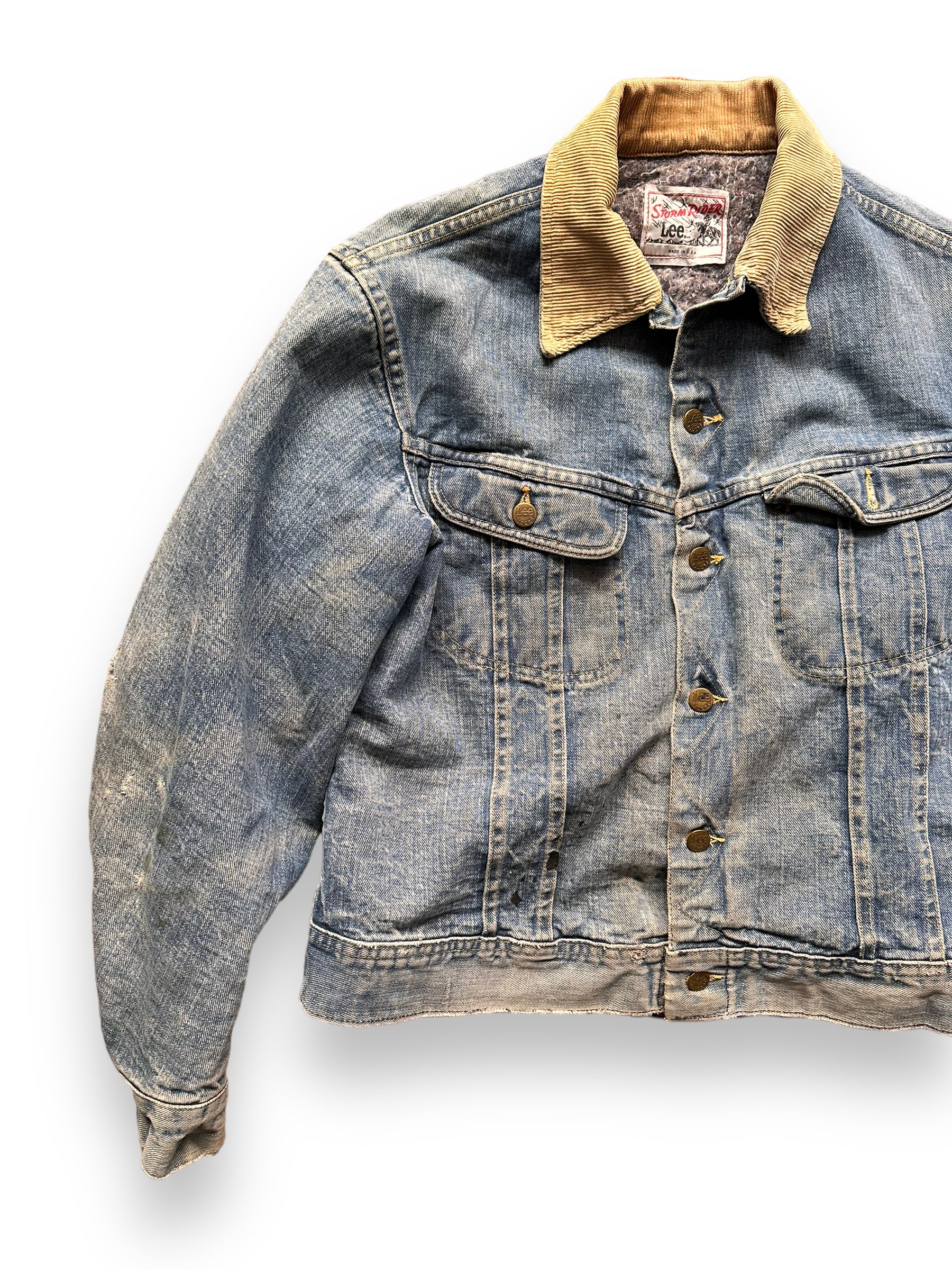 Front Right View of Vintage Blanket Lined Lee Storm Rider Denim Jacket SZ L| Barn Owl Vintage | Seattle True Vintage Workwear