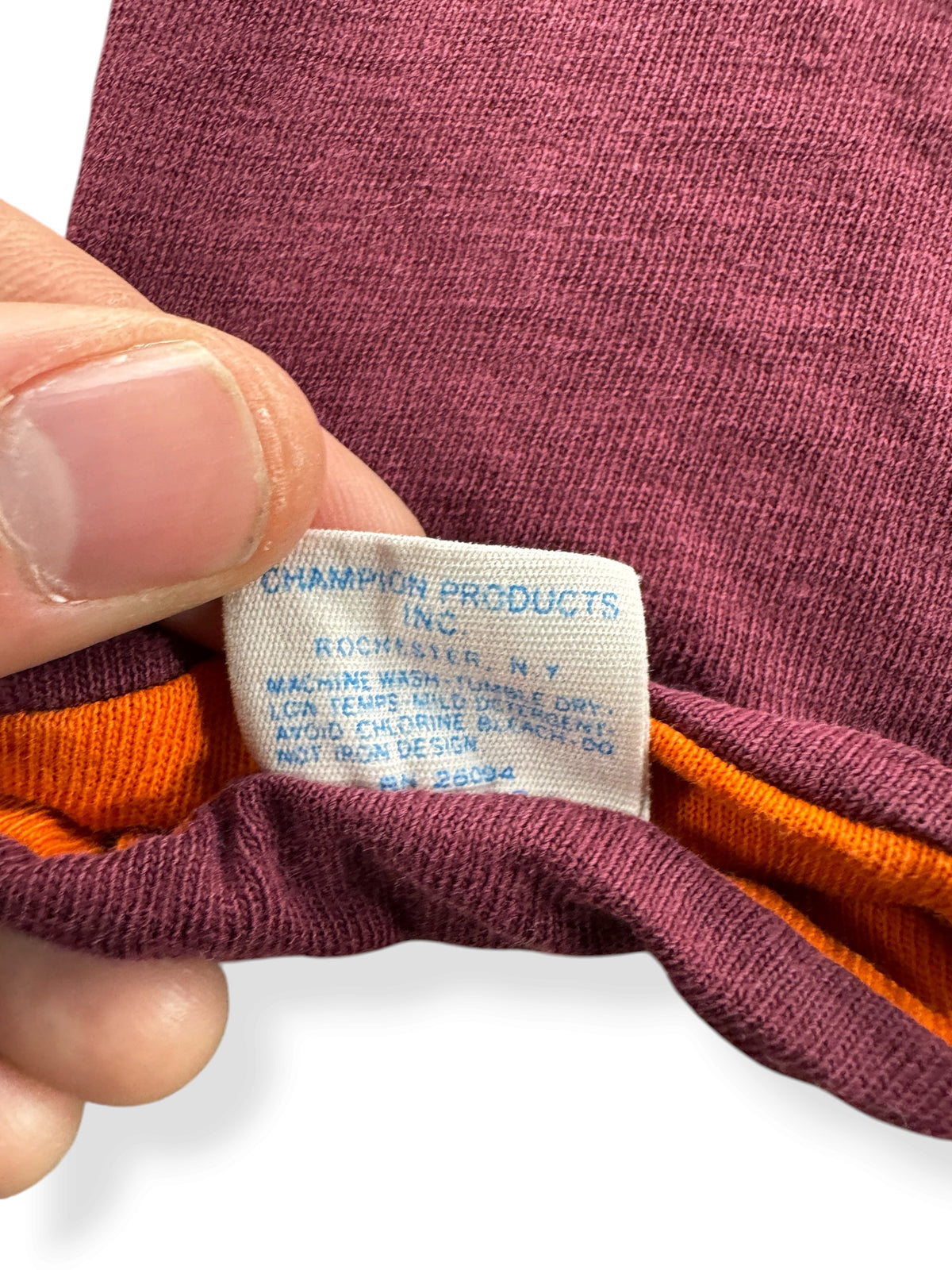 Back of tag on Vintage Champion Blue Bar Burgundy Reversible Tee SZ M