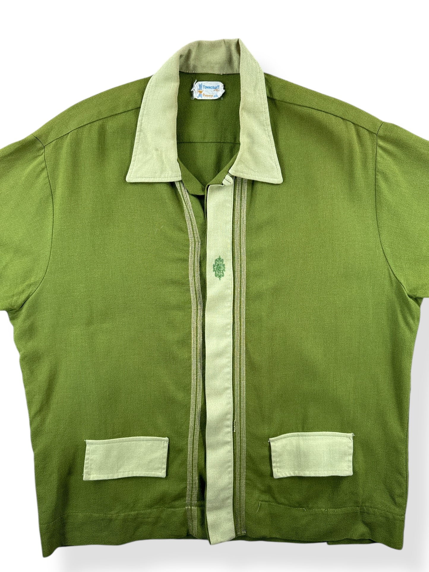 Front Close Up of Vintage Penney's Towncraft Rayon Two Tone Green Shirt Jac SZ L