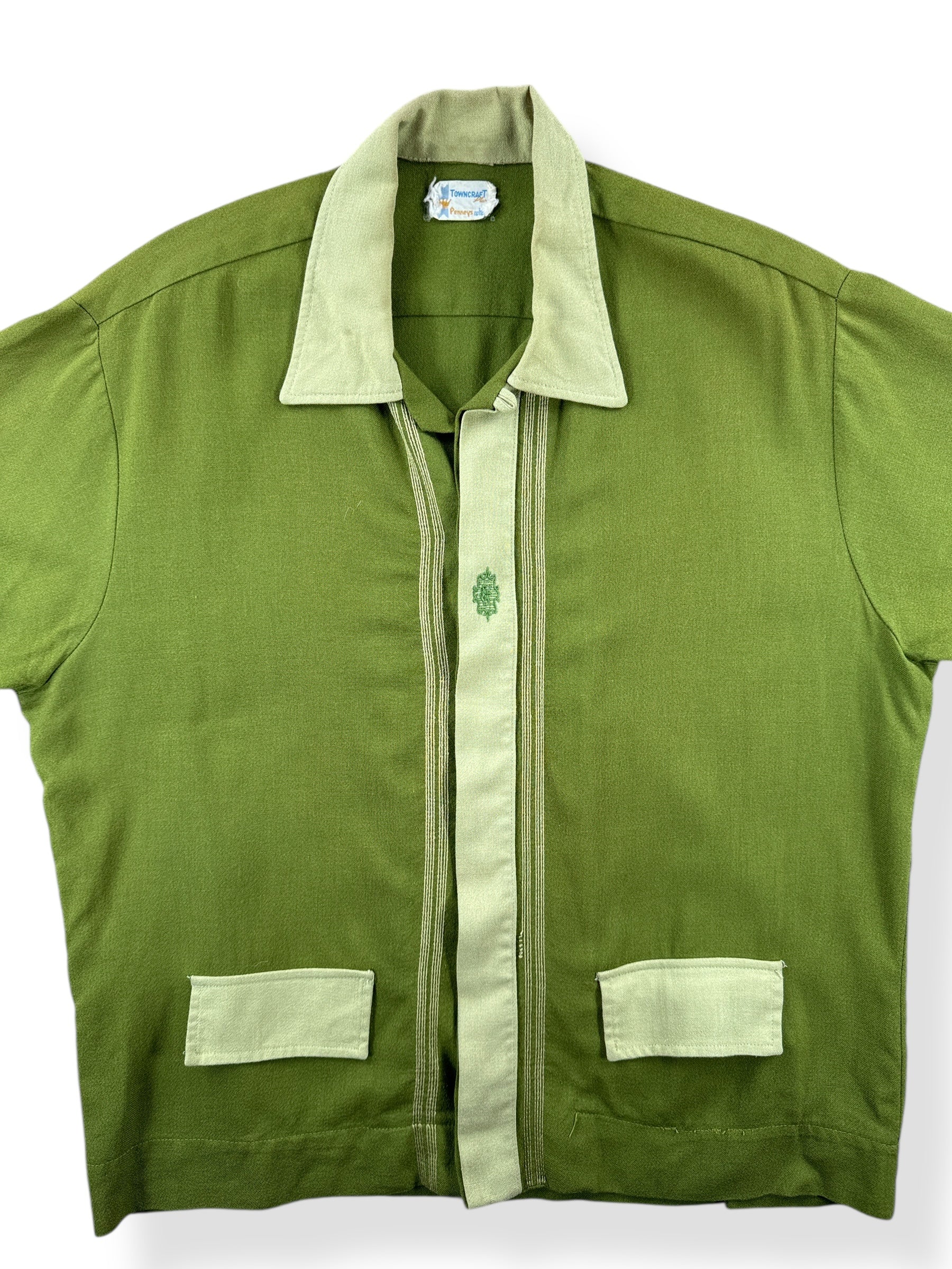 Front Close Up of Vintage Penney's Towncraft Rayon Two Tone Green Shirt Jac SZ L