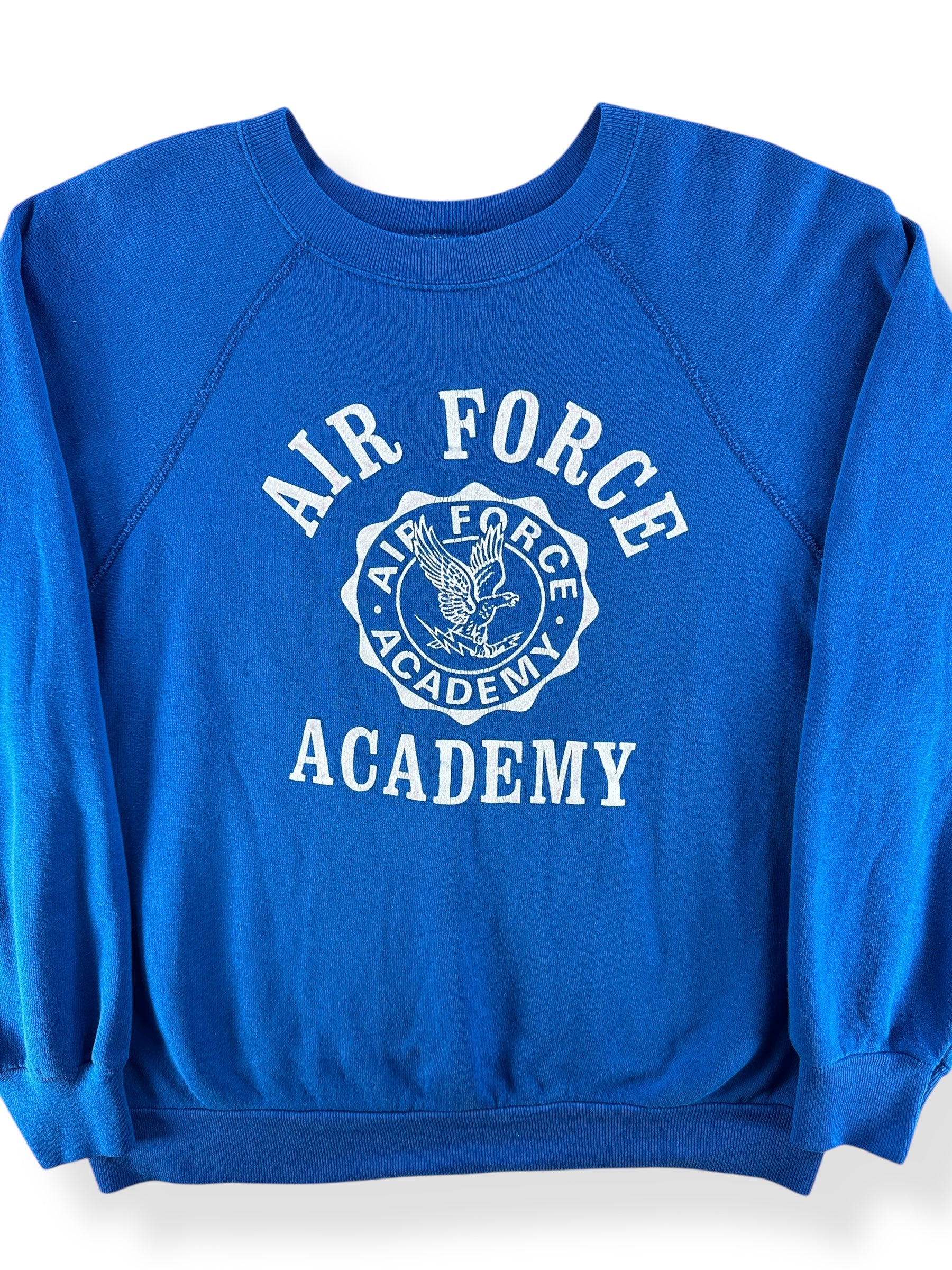 Front Close Up of Vintage Air Force Academy Blue Flocked Crewneck SZ L