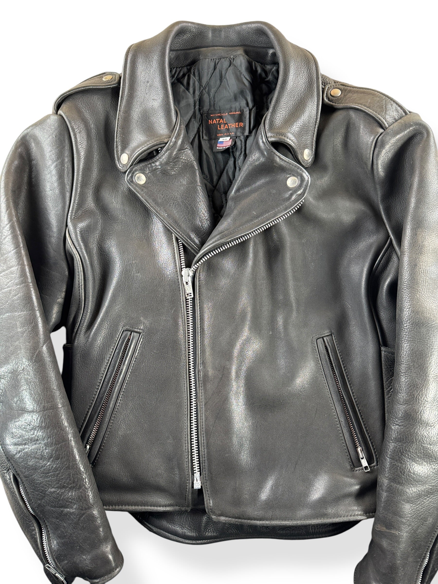 Front Close Up of Vintage Natal Leather Jacket SZ 50