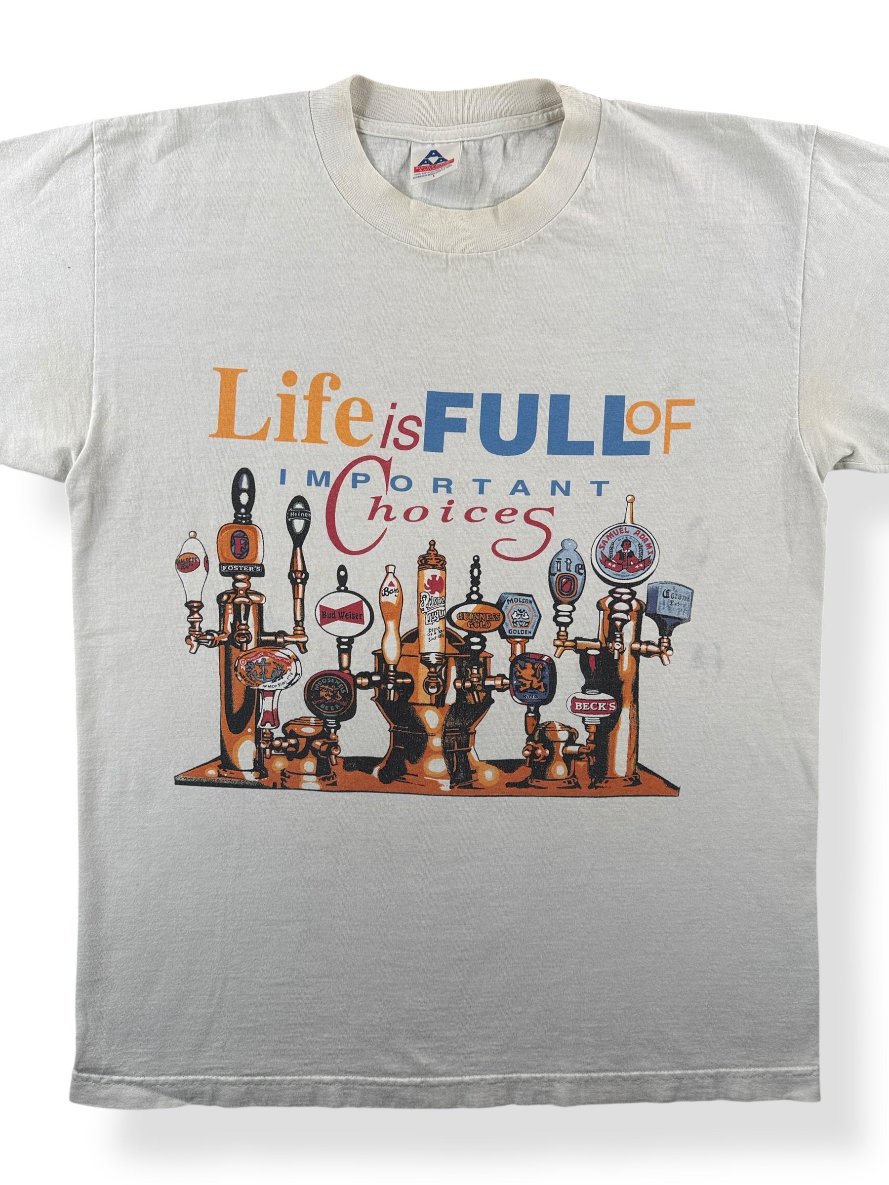 Front Close Up of Vintage Life is Full of Important Choices Beer Tee SZ L