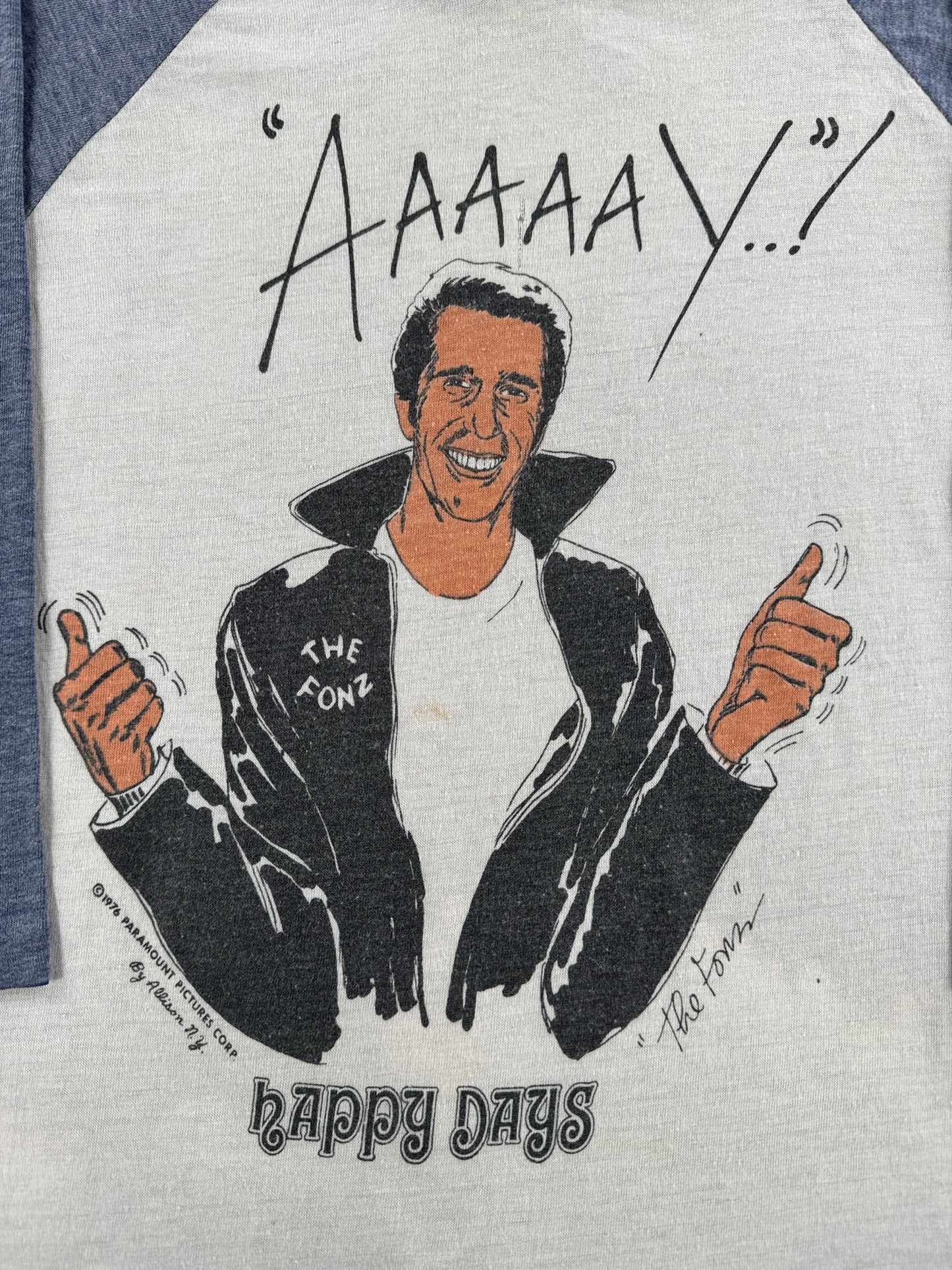 Front graphic of Vintage Aaaay The Fonz Happy Days Baseball Tee SZ S (Fits XS)