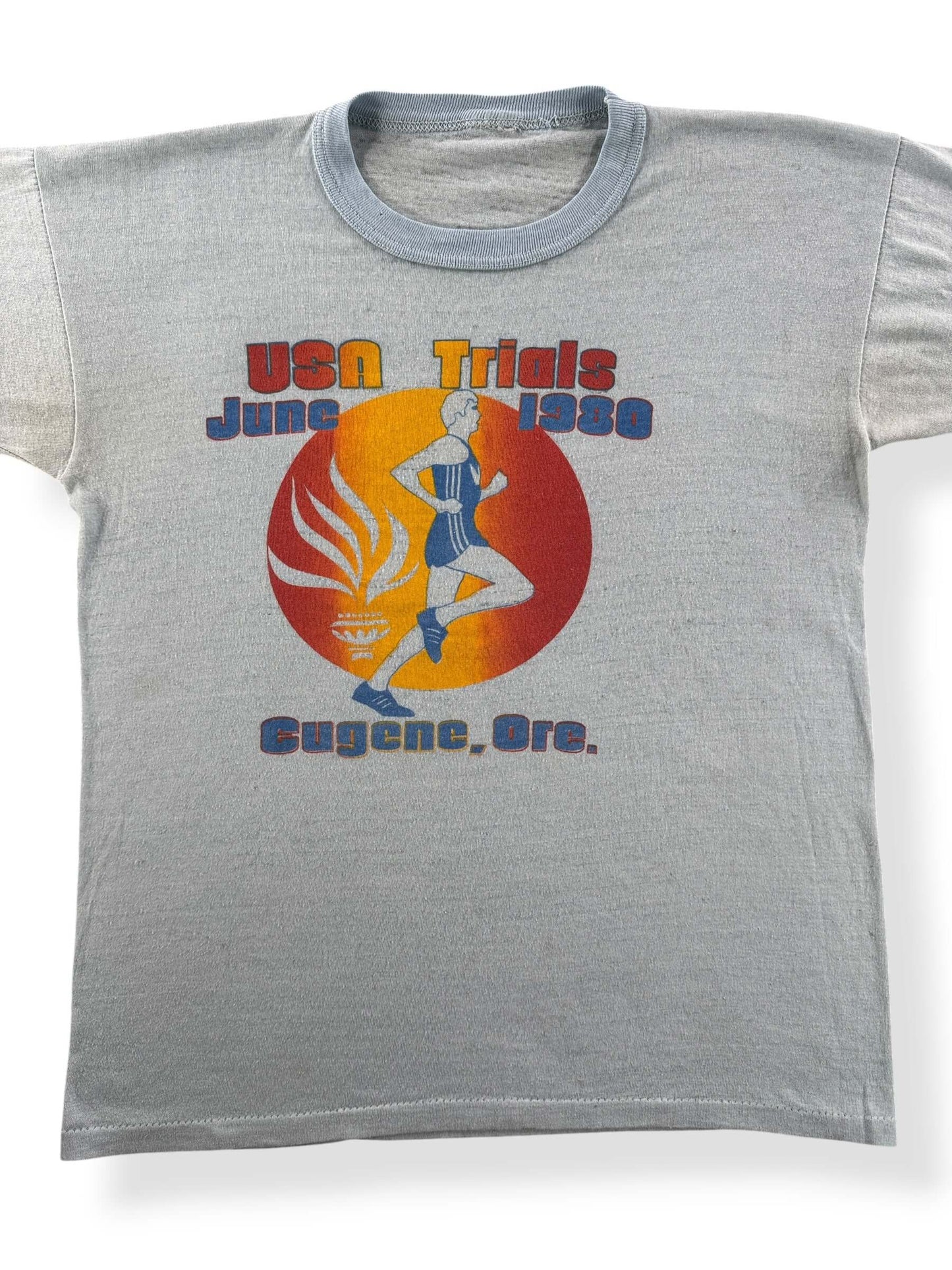 Front Close Up of Vintage 1980 Adidas Prefontaine Rainbow Trefoil Tee SZ S