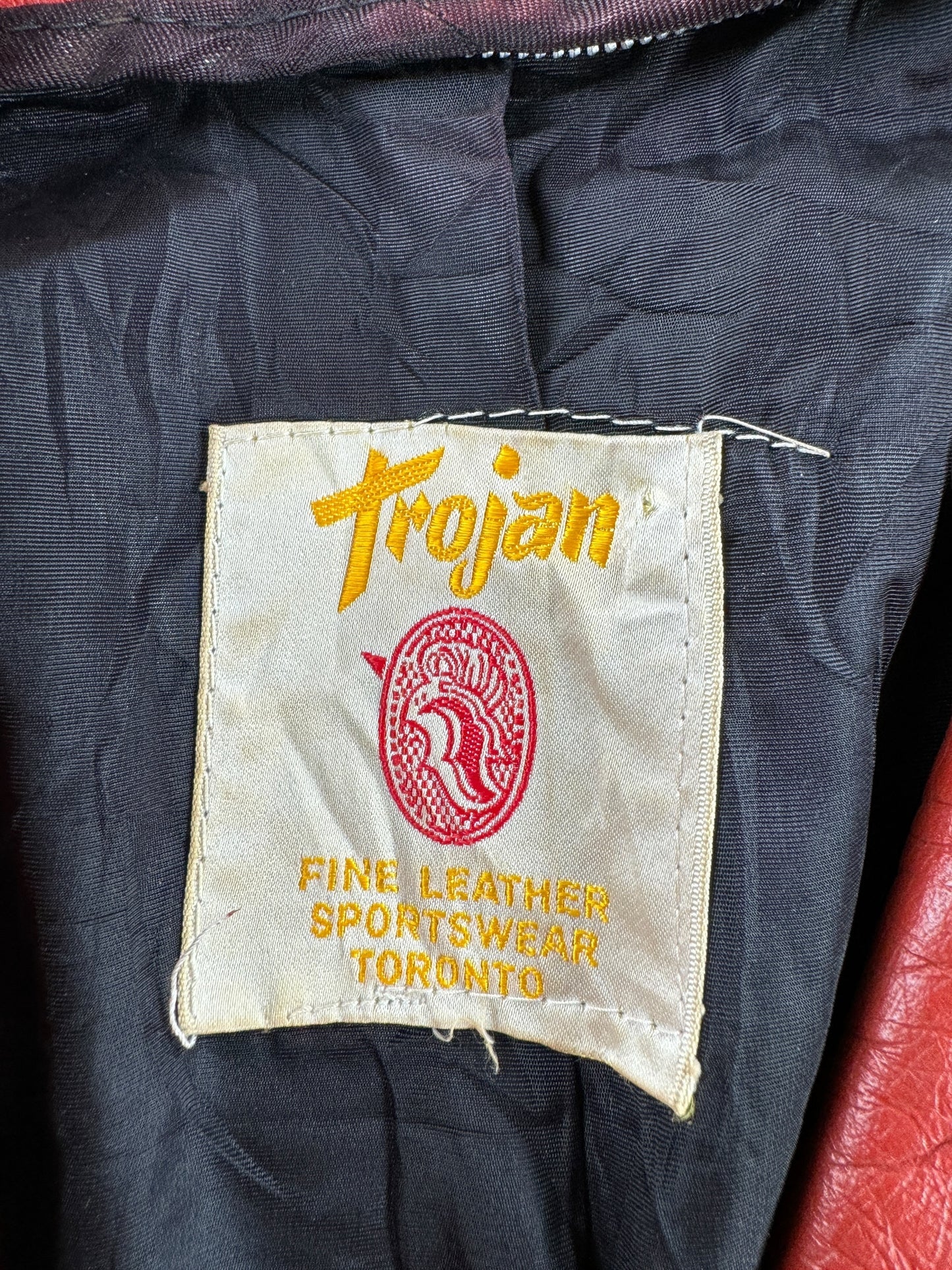 Label on Vintage Womens 60s Trojan Red Leather Coat SZ M AS IS