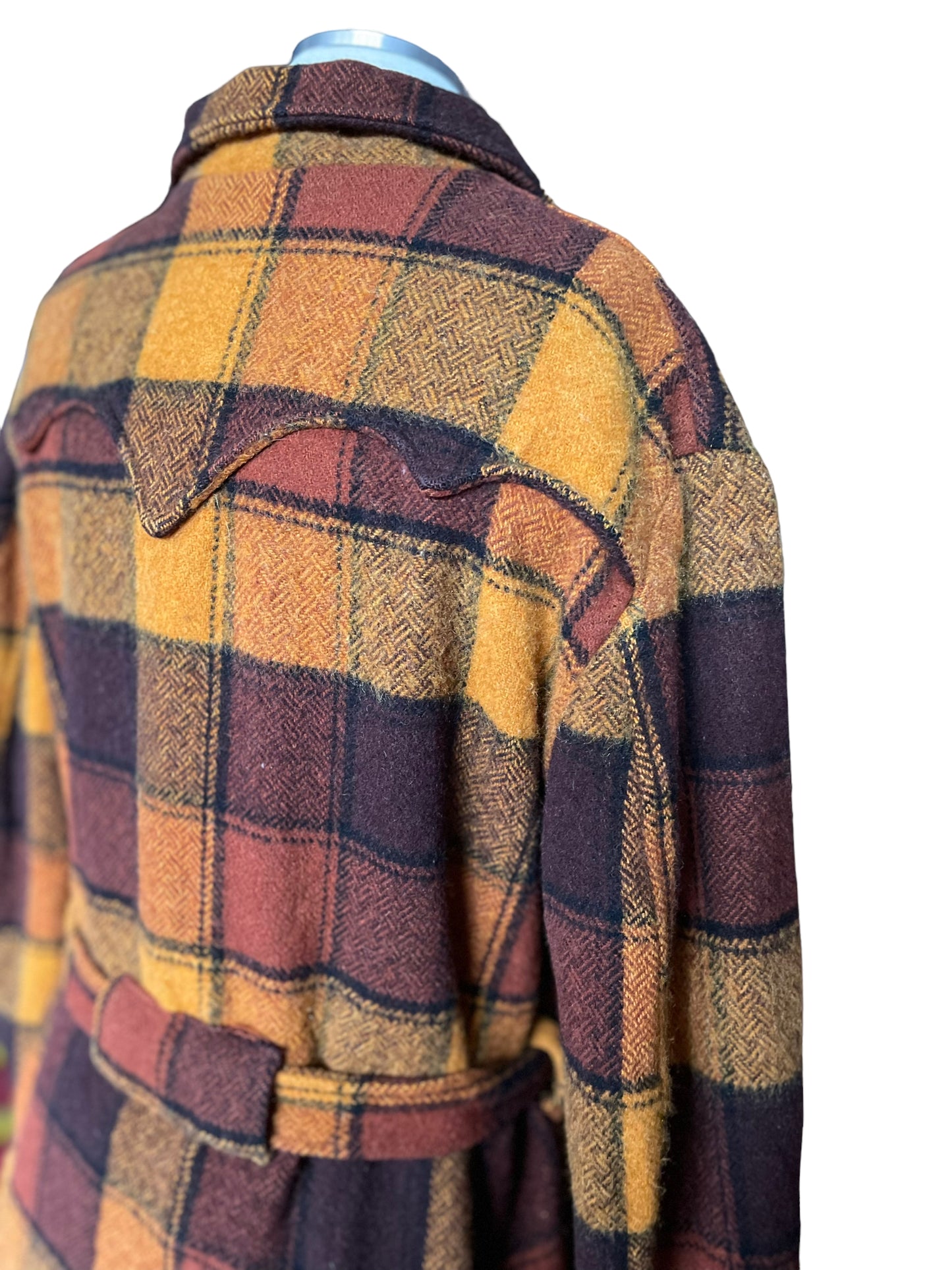 Back right side view of Vintage H Bar C Western Wear Plaid Belted Coat | Seattle True Vintage | Barn Owl Vintage Coats