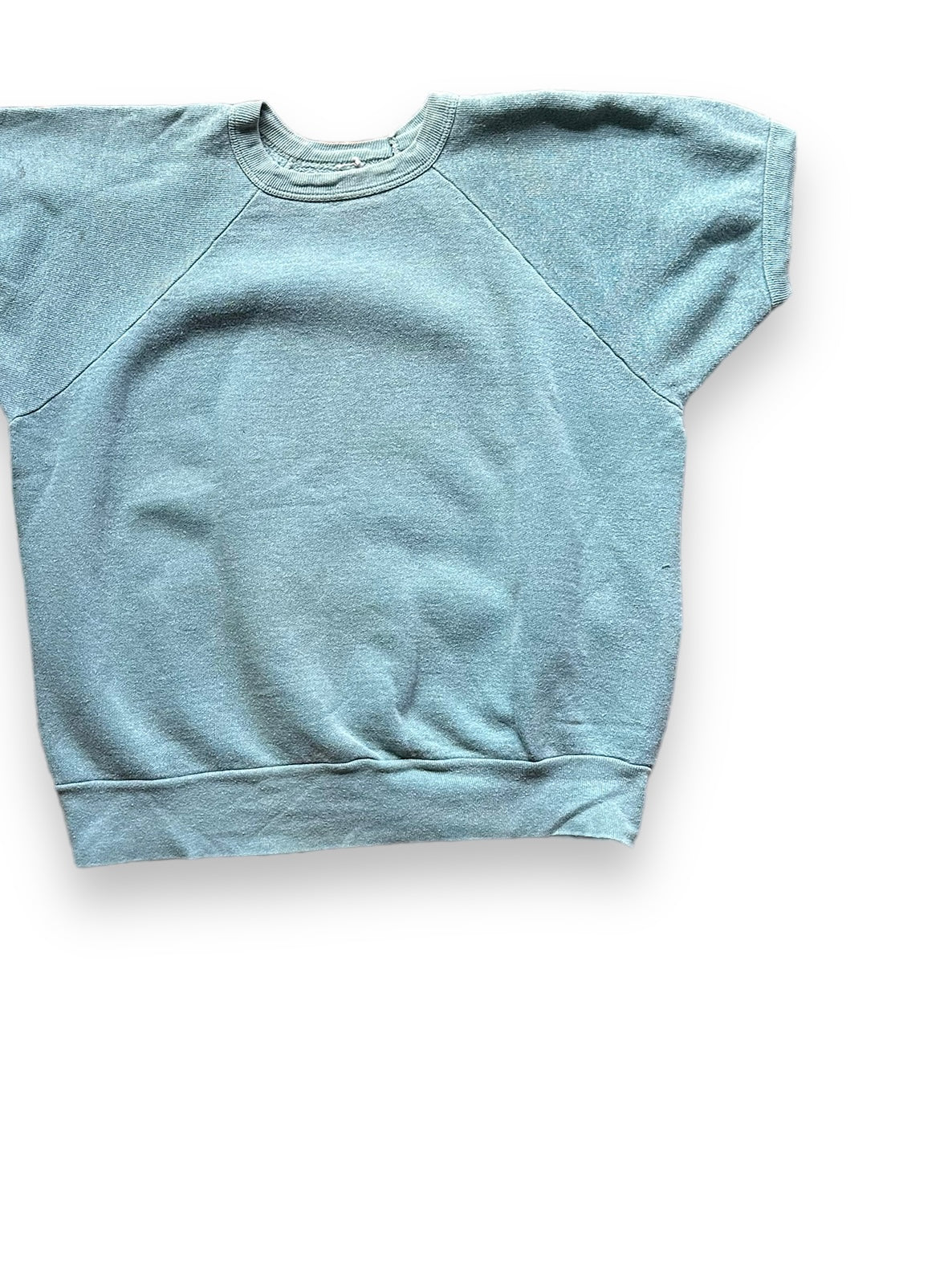 Front Left View of Vintage Pale Green Short Sleeve Crewneck Sweatshirt SZ M | Barn Owl Vintage Clothing | Seattle Vintage Sweatshirts