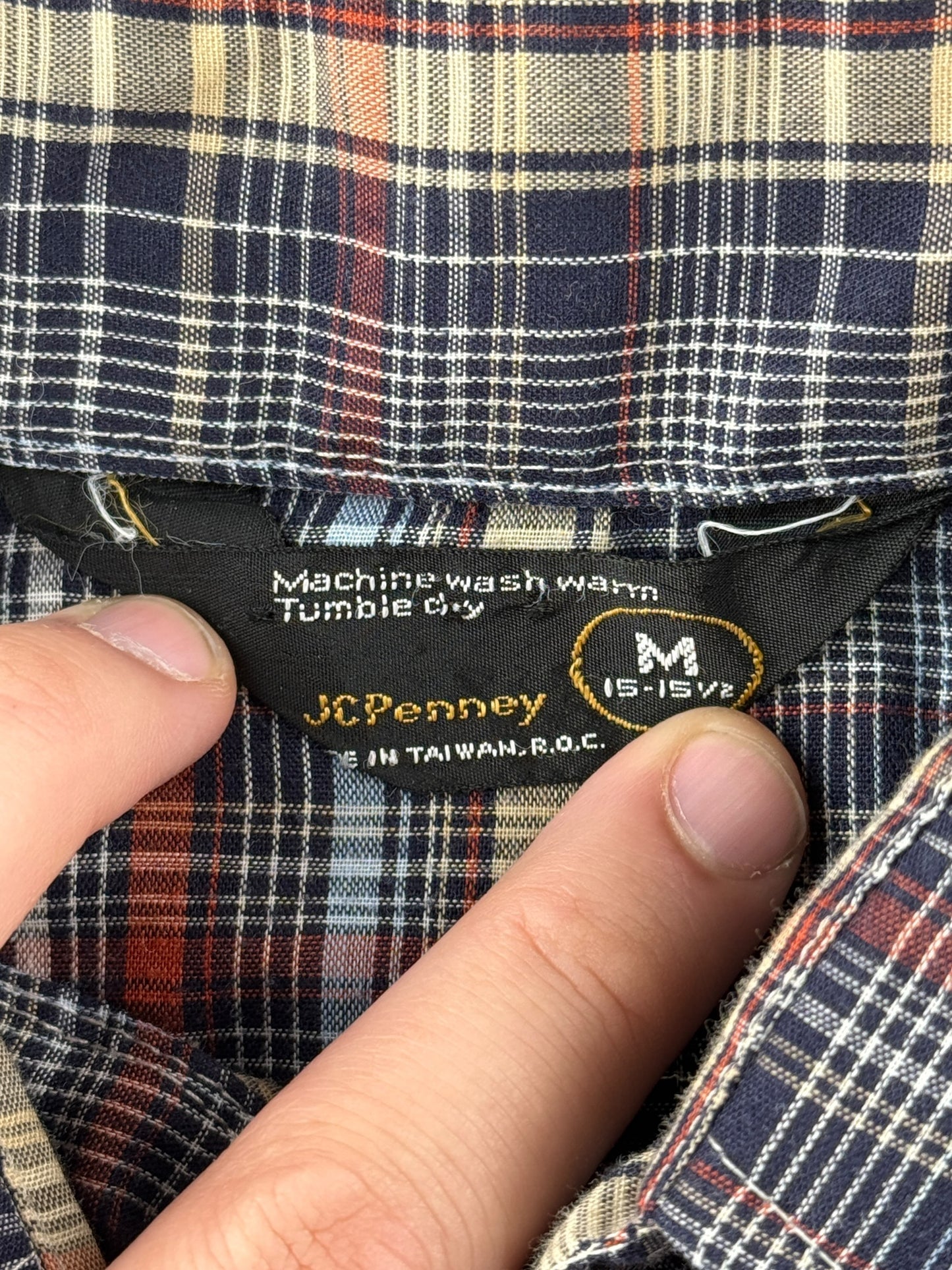 Tag on Vintage 70s JCPenny Navy Blue Pearlsnap SZ M