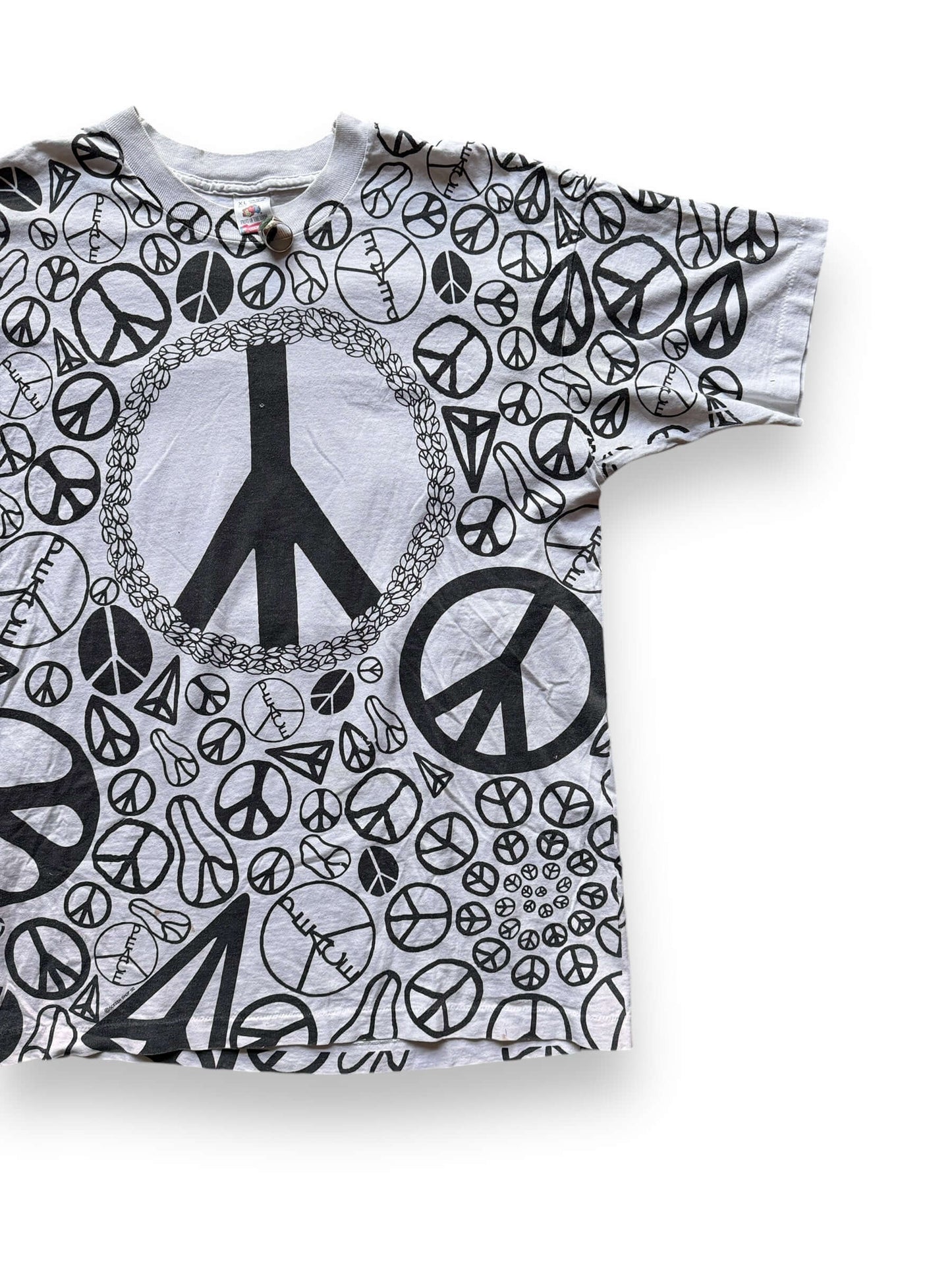 Front Left View of Vintage Single Stitch Peace Sign AOP Tee SZ XL