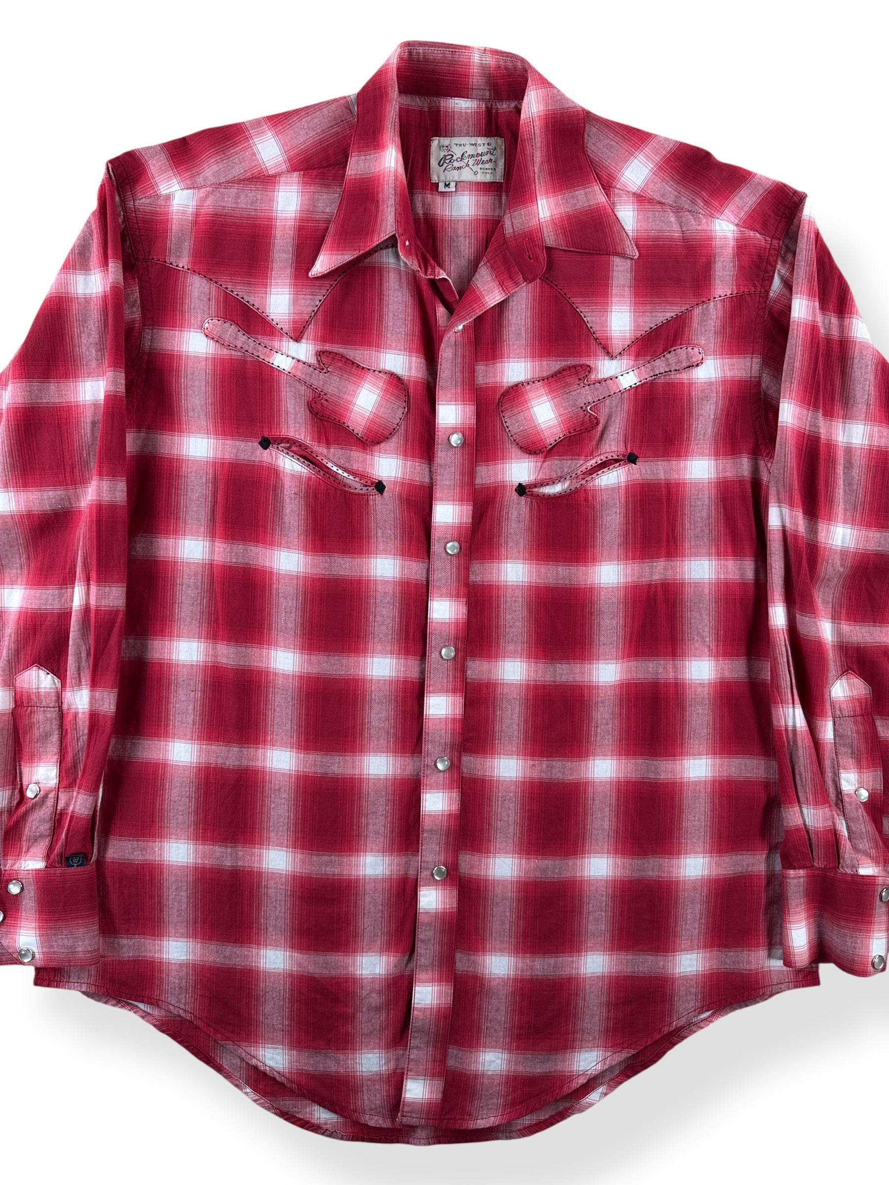 Front Close Up of Vintage Rockmount Western Wear Red Shadow Plaid Guitar Pearl Snap SZ M